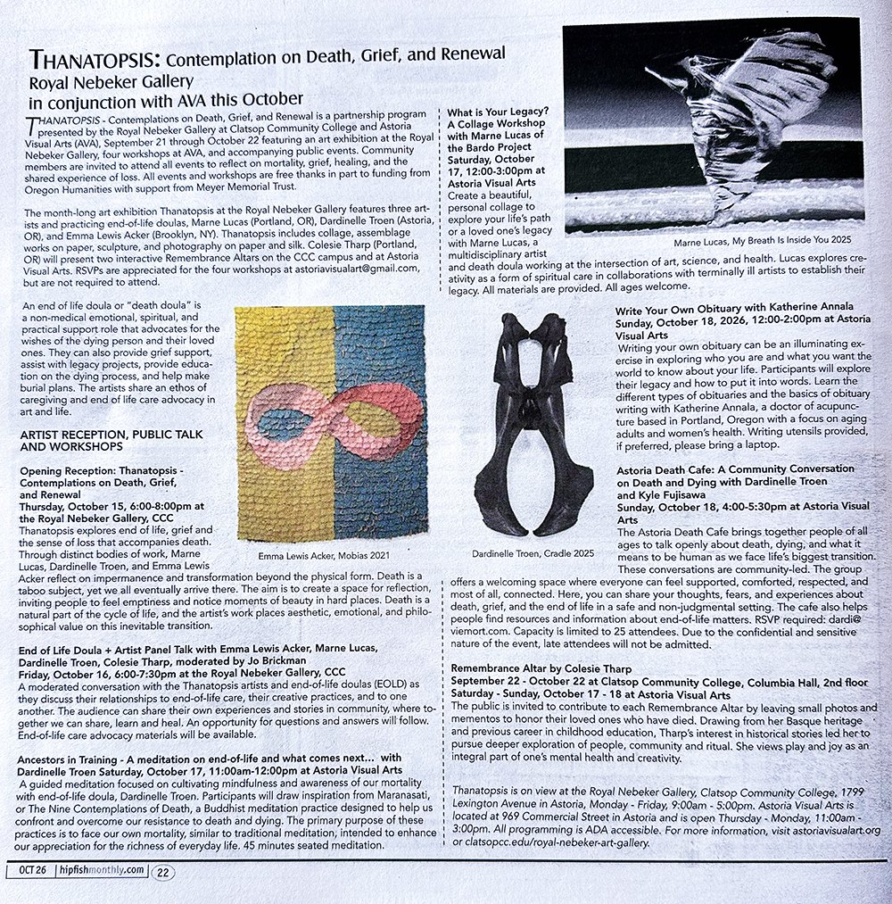 'Hipfish Monthly', October 2026. Page 22. 'Thanatopsis' at Royal Nebeker Gallery and Astoria Visual Arts.