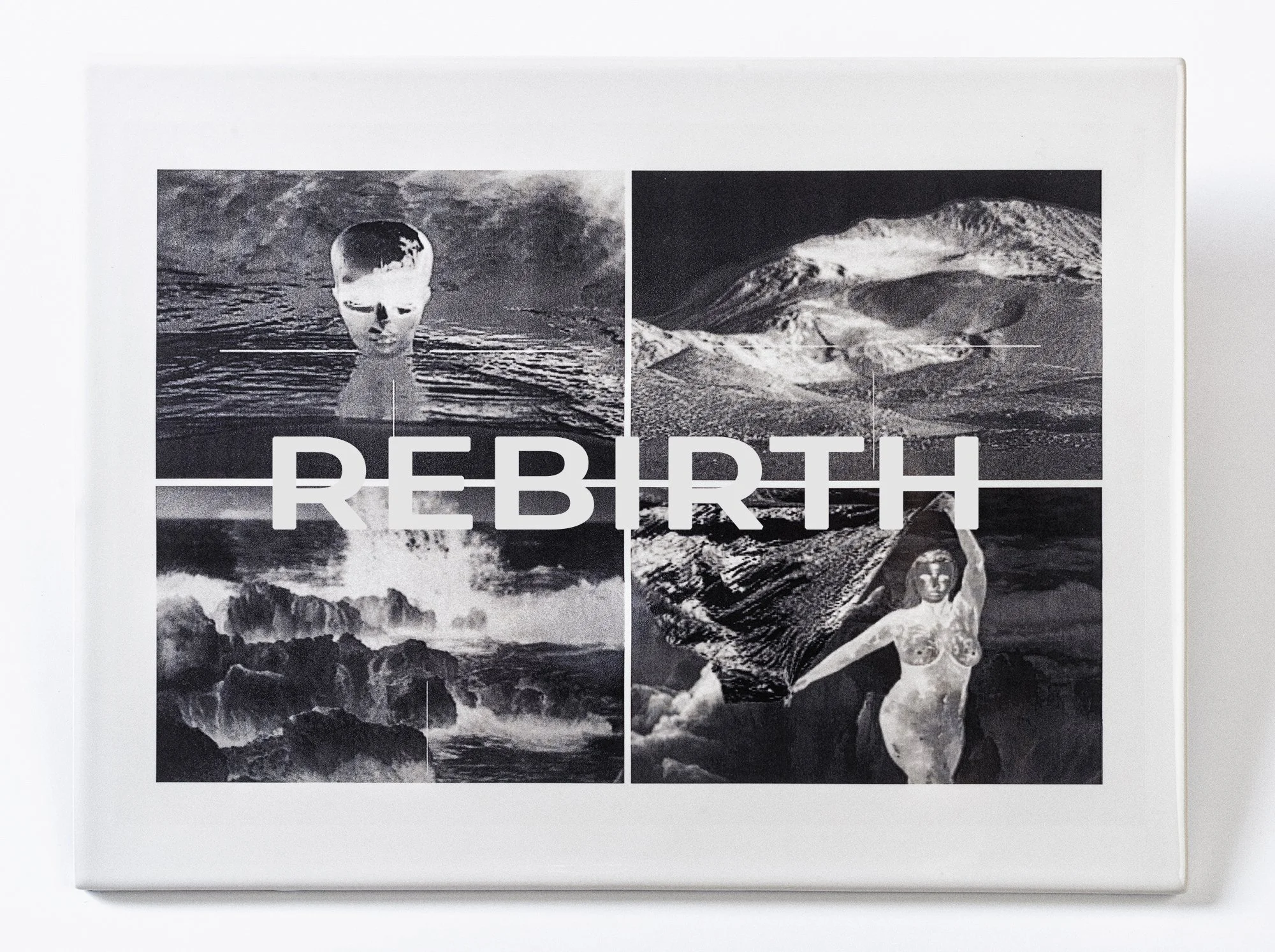 'REBIRTH (Emergency of Pele)',
2025, infrared thermal video stills, photo decal, engraving, vitreous porcelain, cork, paint, 10.25 x 14.25 x .30 inches, unique.