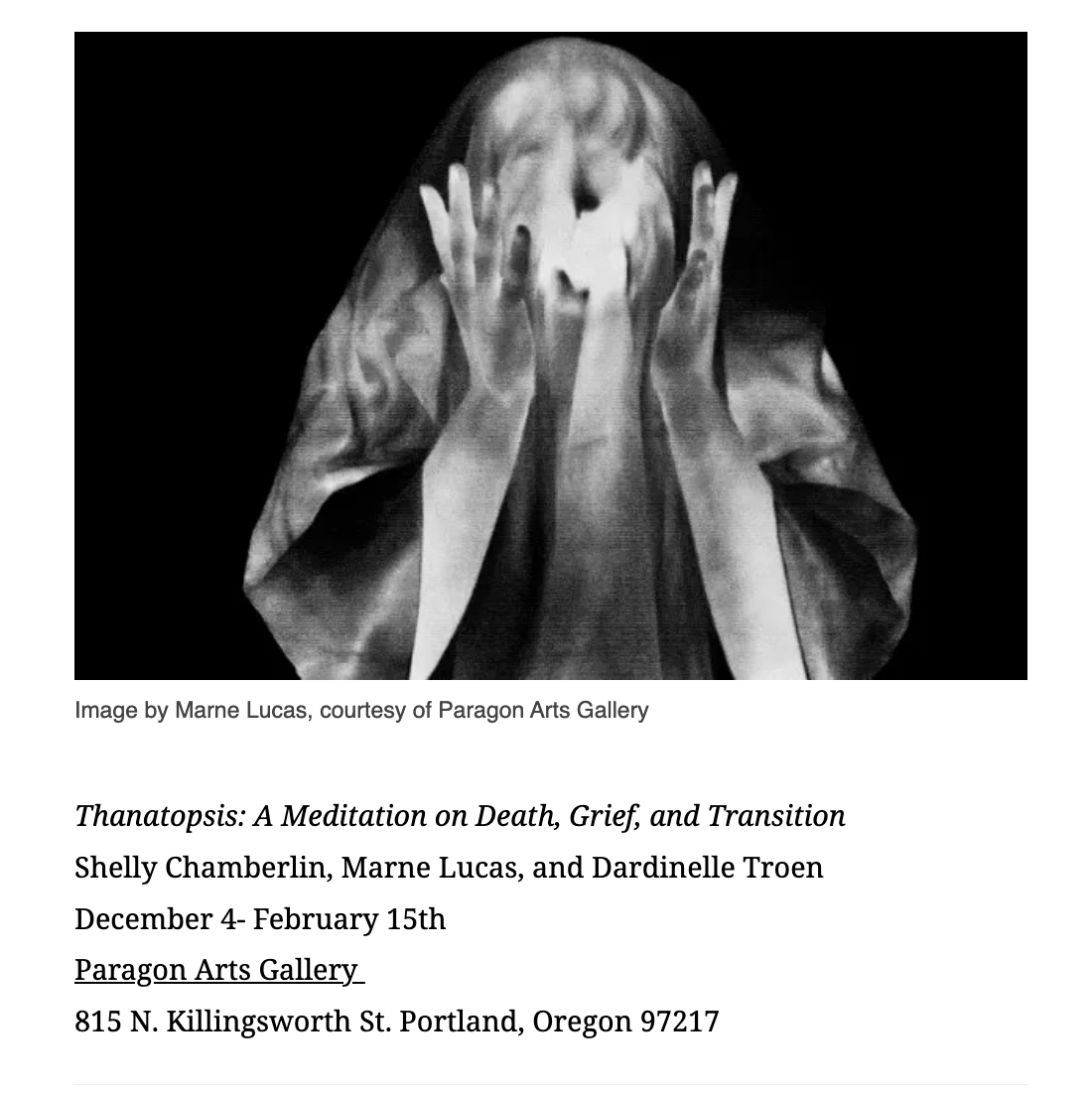 "As the year comes to the end, I’m reminded that all things must come to an end. 'Thanatopsis: A Meditation on Death, Grief, and Transition' is a three-person exhibition that revolves around the themes of death, the grief that comes from it, and disc