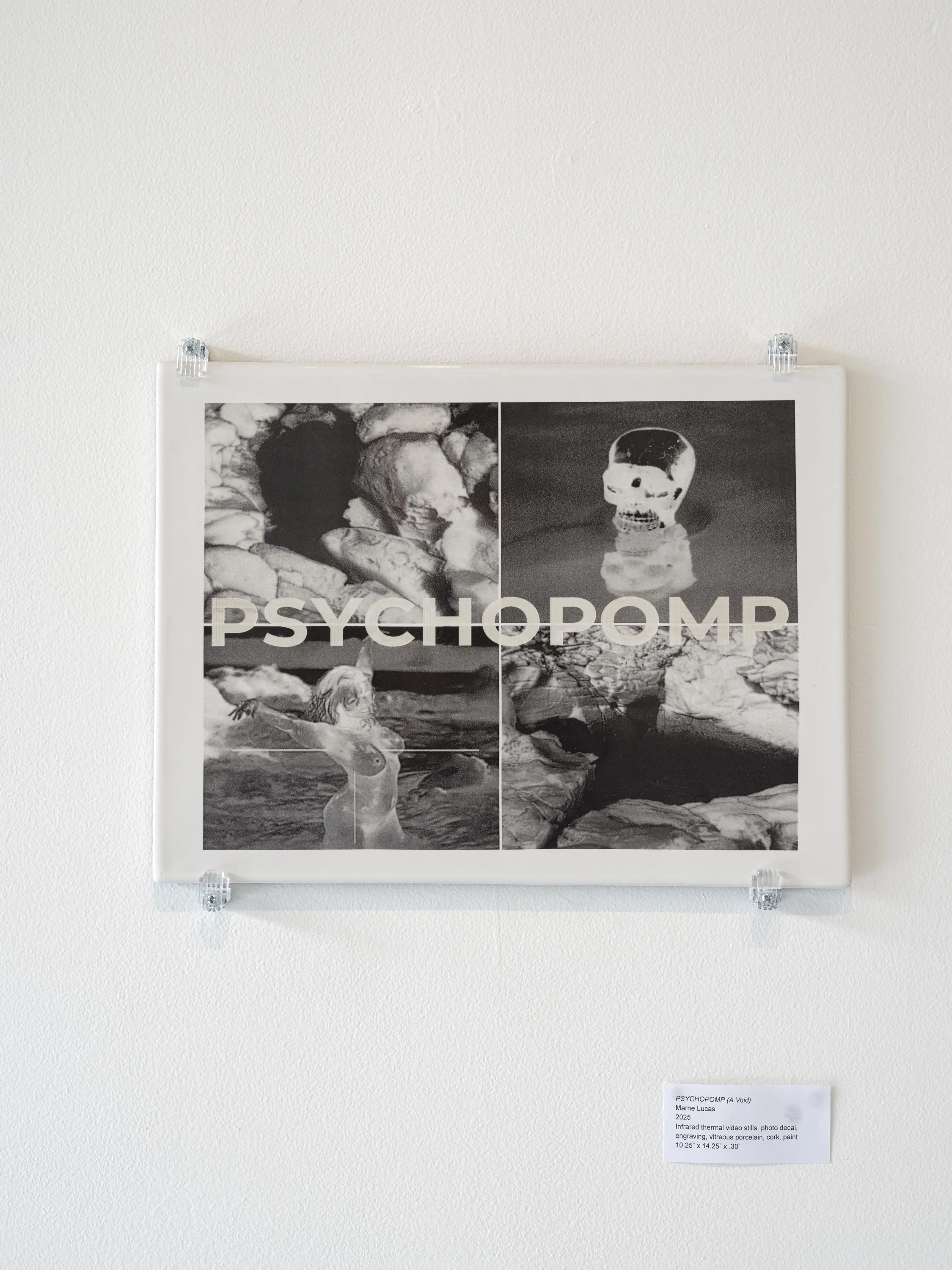 'PSYCHOPOMP  (A Void)', 2025, infrared thermal video stills, photo decal, engraving, vitreous porcelain, cork, paint, 10.25 x 14.25 x .30 inches, unique.
