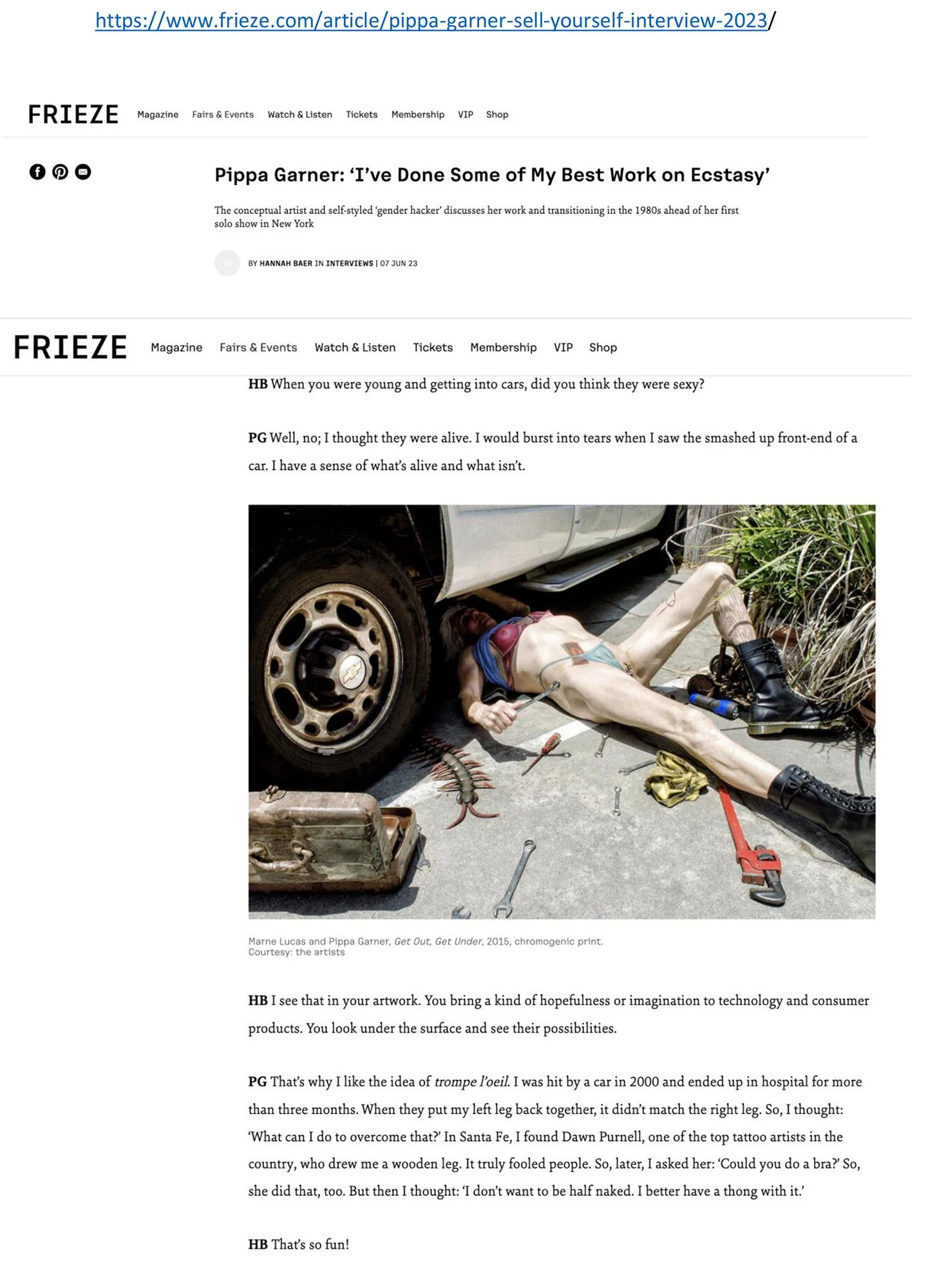 FRIEZE.com, Interview with Pippa Garner, by HANNAH BAER IN INTERVIEWS | 07 JUN 23.
'Get Out, Get Under', Marne Lucas + Pippa Garner, 2015, chromogenic print.