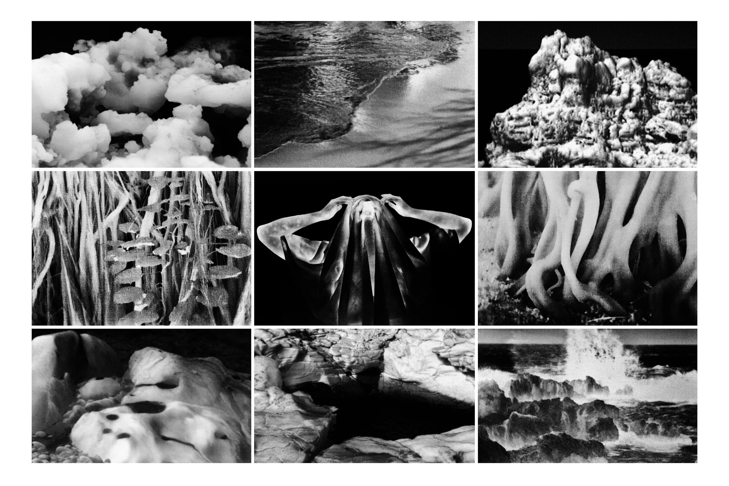 'Primordialscapes', archival Pigment print on Royal silk banner, 2025 40 x 60inches.