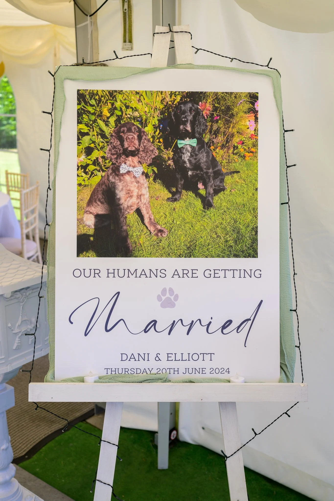 A board of a picture of 2 dogs on it with text below the picture saying 'our humans are getting Married'