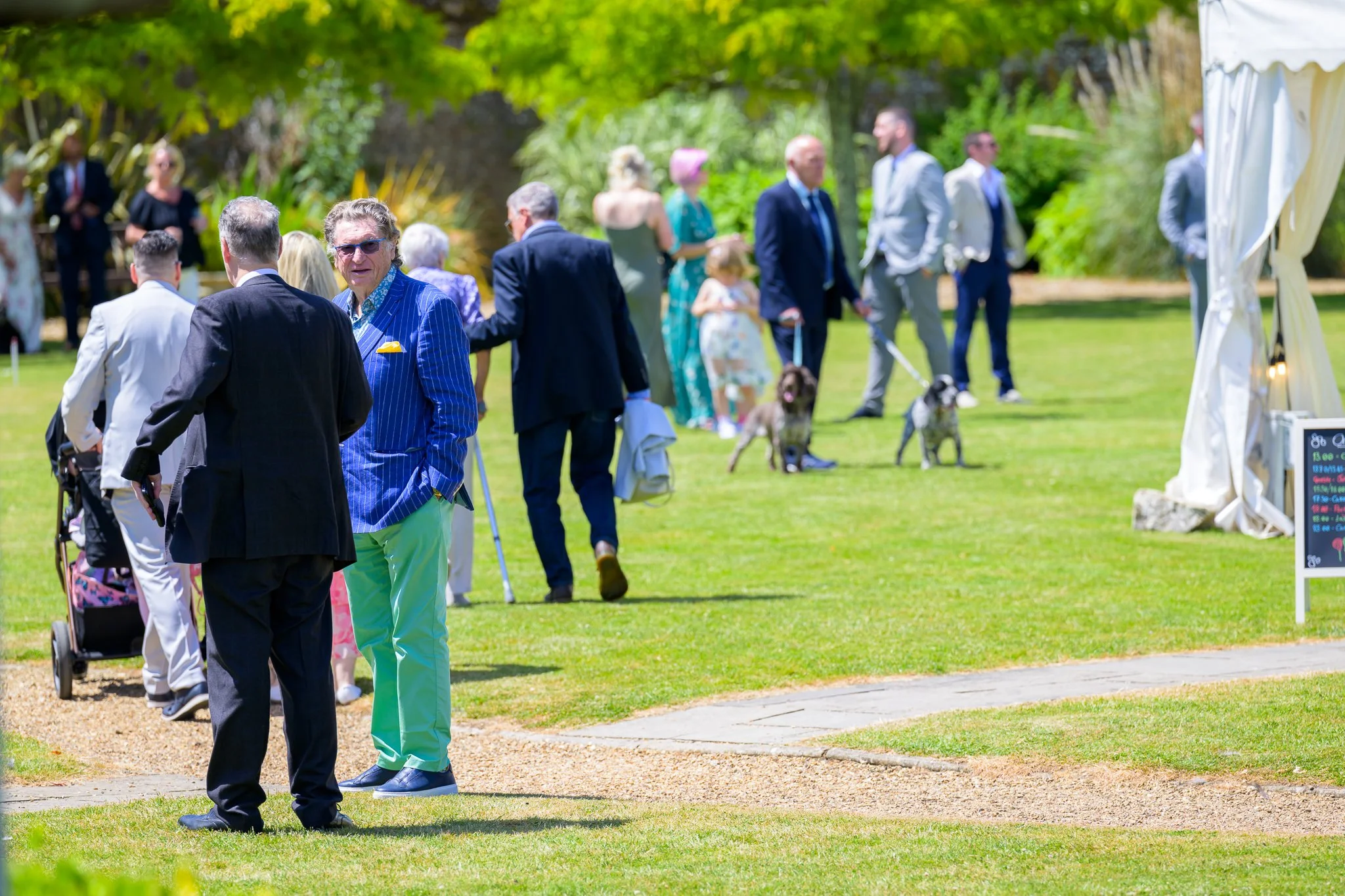 Guests of a wedding gathered on a green field on a sunny day