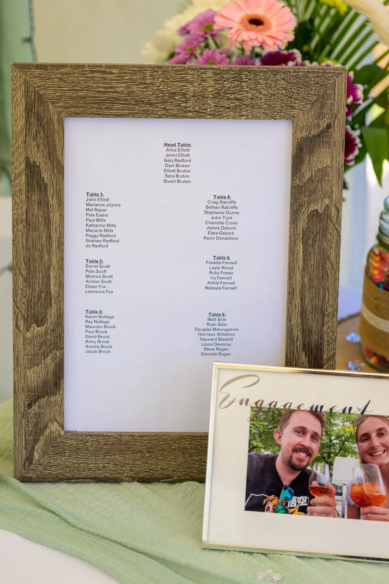 A printed-out piece of paper with a wedding day timeline on it, with a picture frame of a photo of the bride and groom inside it