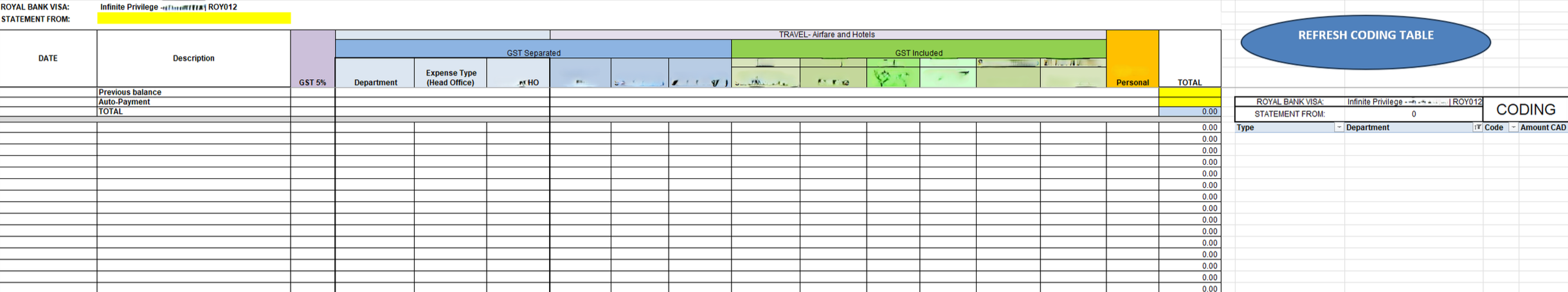 Company Credit Card Statements Template - Generates Coding Table Based on Background Coding, Data Validation, and Pivot Tables