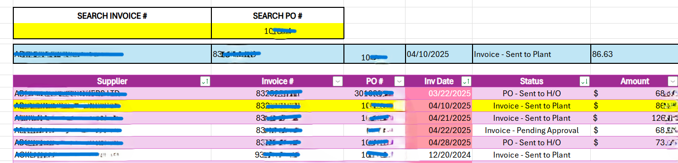 Invoice Tracker - Facilitates Communication on Invoice Processing Between AP and Plant Accounting Teams.
Search Bar Coded to Use Either Invoice Number or PO Number Input to Quickly Find Details