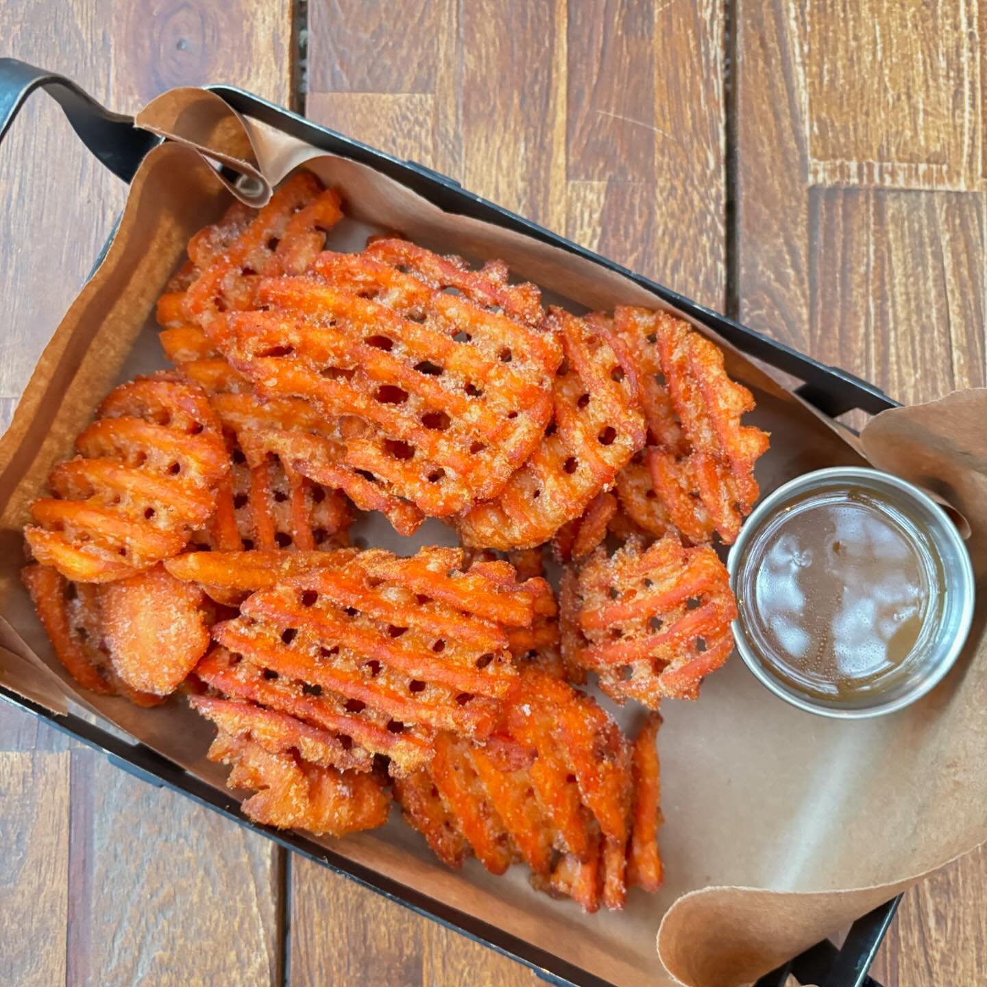 Weekend special! Waffle battered sweet potato waffle fries! Tossed in salt &amp; brown sugar, served with hot maple butter. $13