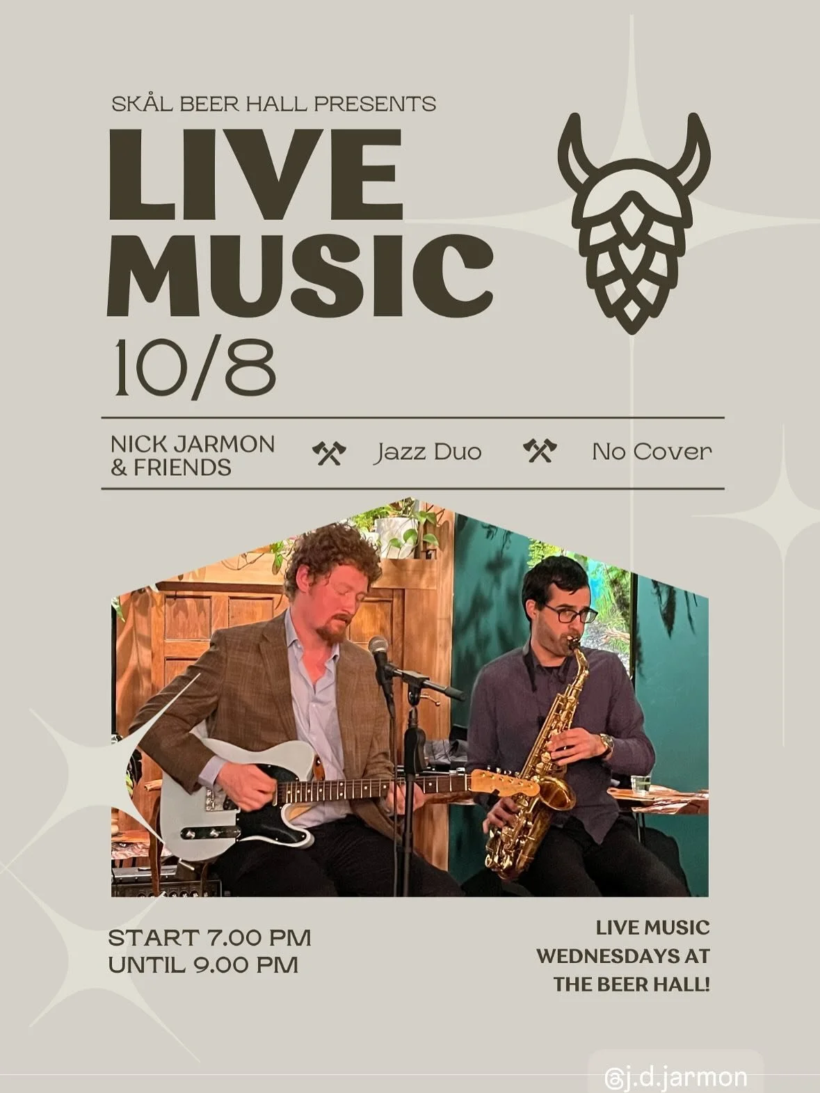 We've got a loaded lineup this week!

🎸🎵Wed 10/8: Live at Sk&aring;l featuring the Nick Jarmon Jazz Duo. This kicks off live music every Wednesday at the beer hall this Fall.

🍻 Thu 10/9: Leif Erikson Day celebrating the venerable Norse Explore wi
