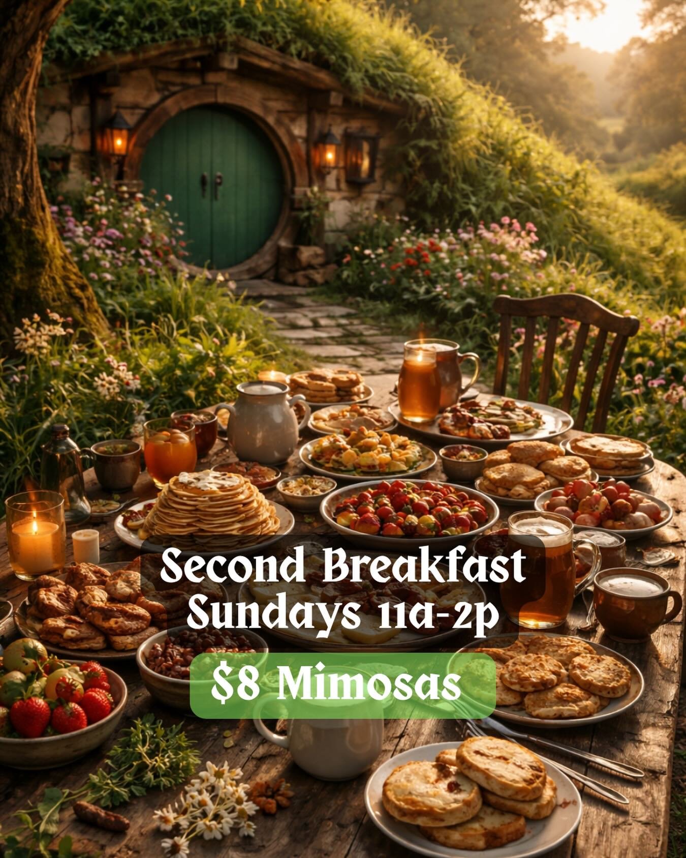 Second Breakfast on Sundays now include $8 Mimosas! Plus, we're rolling out the Bag End Breakfast Samwich to power you through whatever Sunday adventures await you 😉 Available 11a-2p only