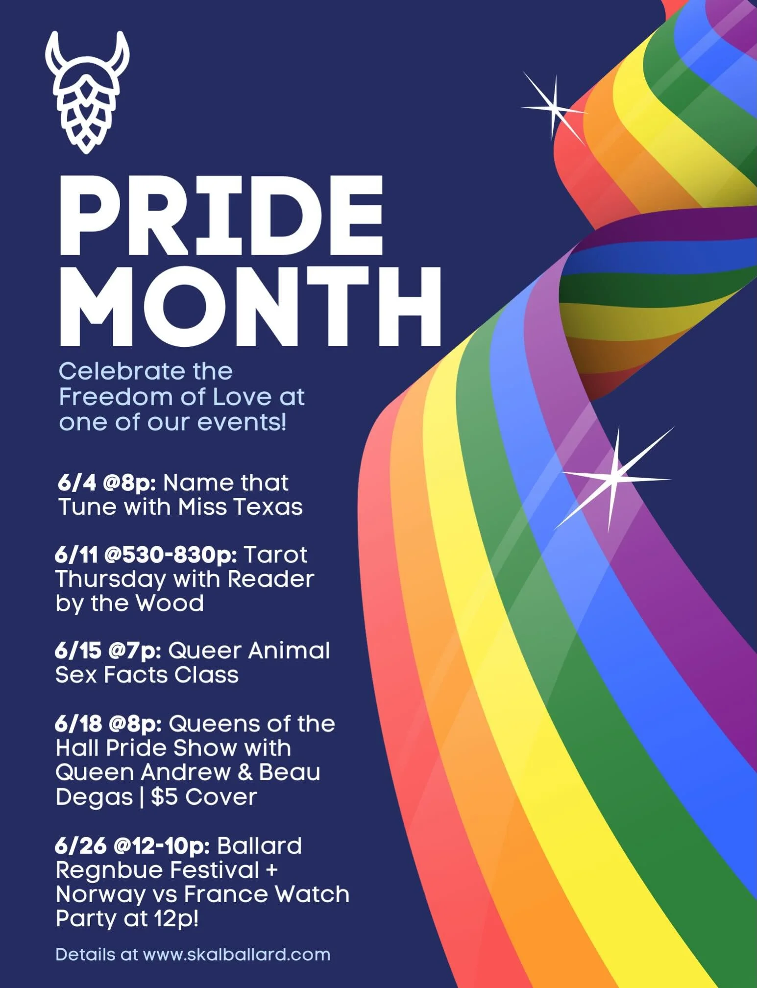 Come thru for our lineup of Pride events this month! As a gay owned business, we're proud to provide a platform for local LGBTQ+ artists and to support Ballard's first Regnbue (Rainbow in Norwegian) Festival on 6/26. We're built on community and welc