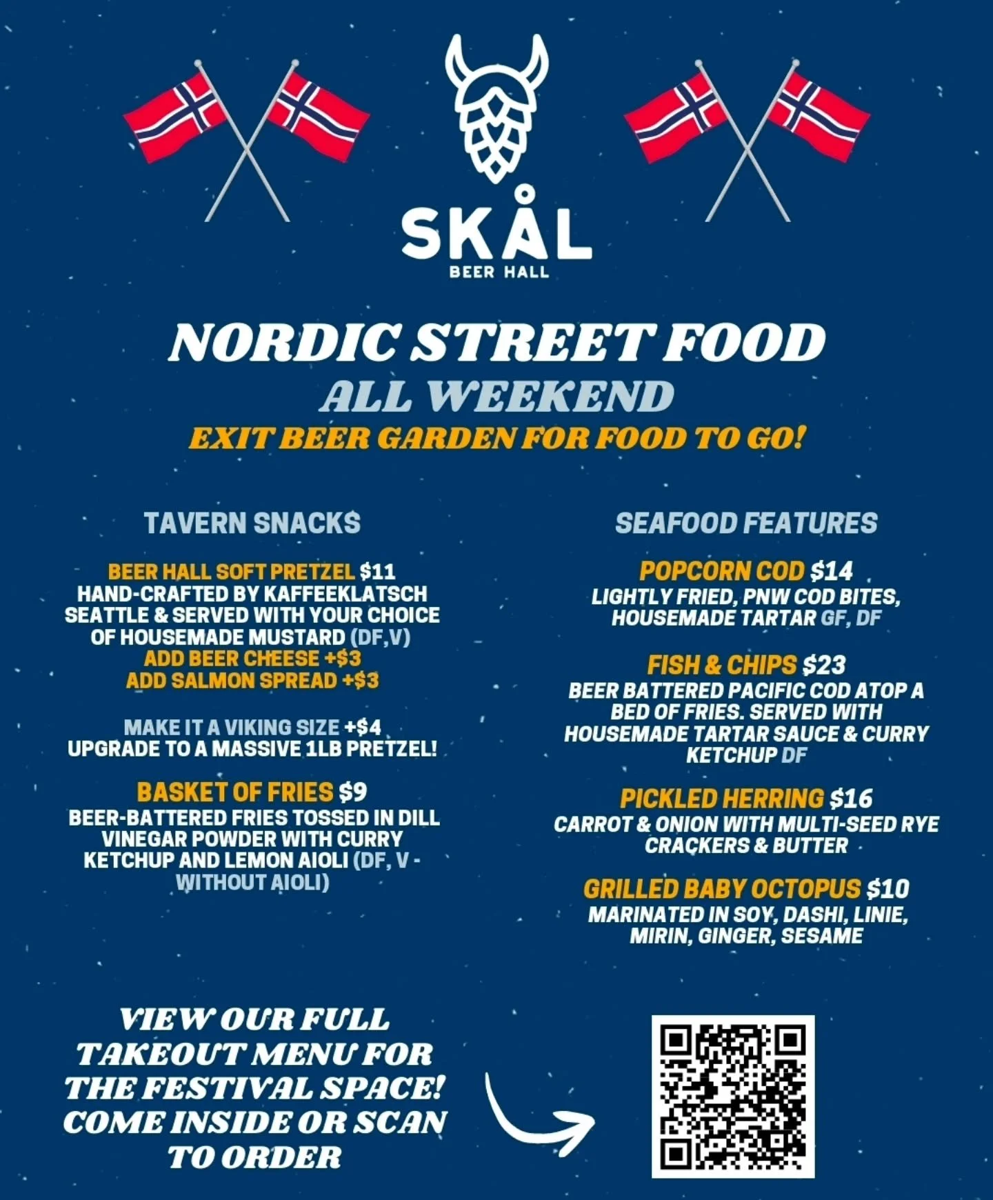 Here's a little sneak peak of our @ballardseafoodfest street food options this weekend! 🐟🦐

Grab a bite from our walk up window to enjoy by the stage, or come grab a seat inside and give your legs a little rest while perusing our full kitchen and b