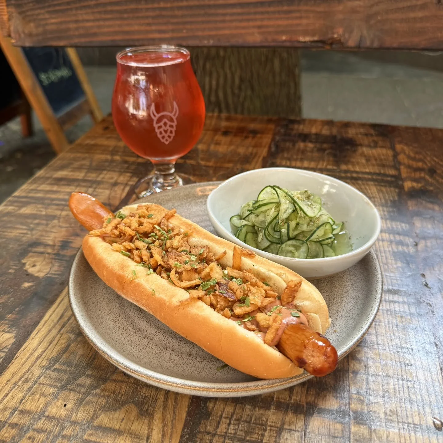 The Leif Erikson P&oslash;lse is back, one day only as our Sunday Special for 8/17! Try it with the @channelmarkertaproom Cran Apple Raz Cider 🍎

Footlong frankfurter with lingonberry mustard cream cheese, crispy onions, and chives&nbsp;on toasted b