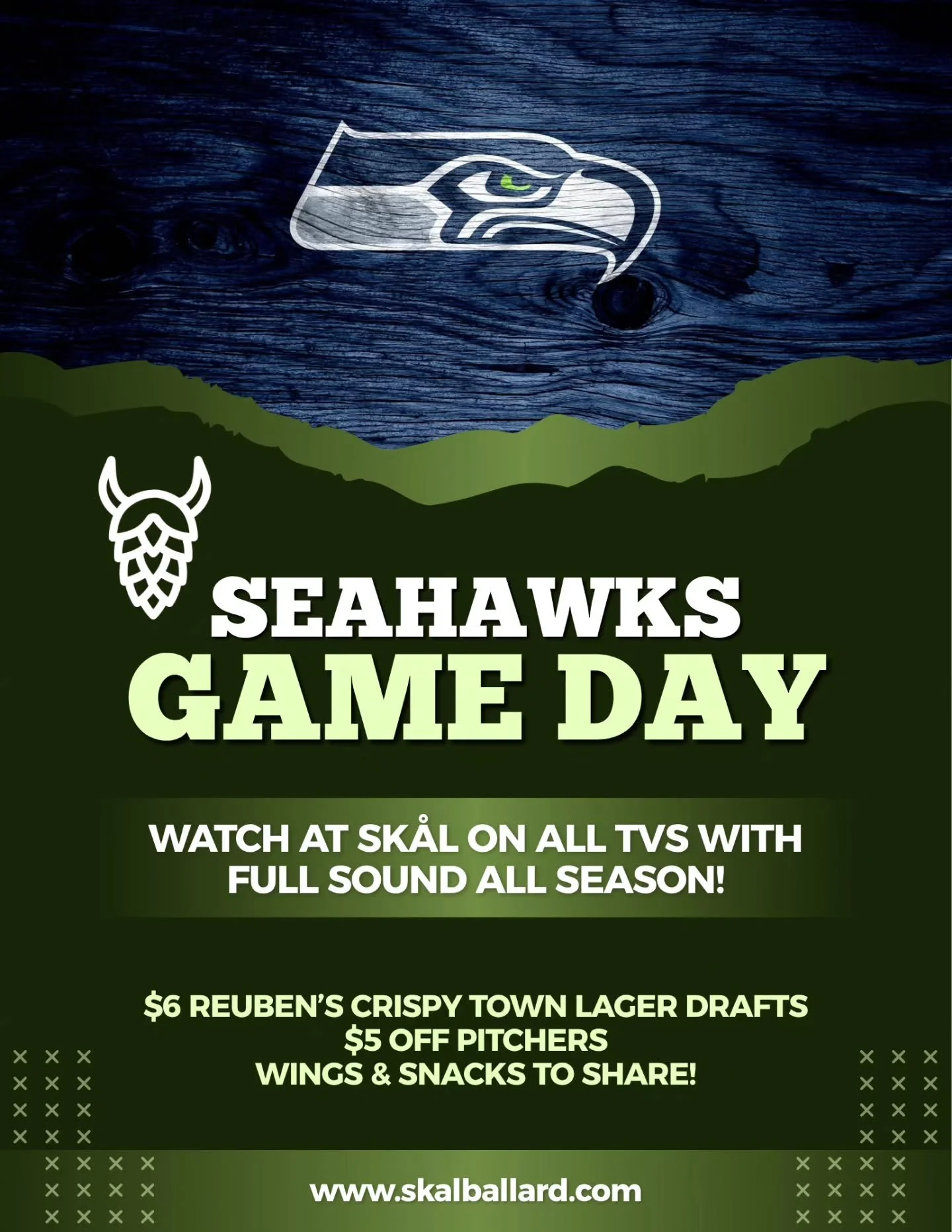 We're SO ready for Seahawks season! 🏈 First game is Wednesday 9/9 at 5:20 pm and we'll have it on all TVs with full sound. 

We'll have pints of @reubensbrews Crispy Town Lager and $5 off pitchers available during games. Pair them with our Loki's Wi