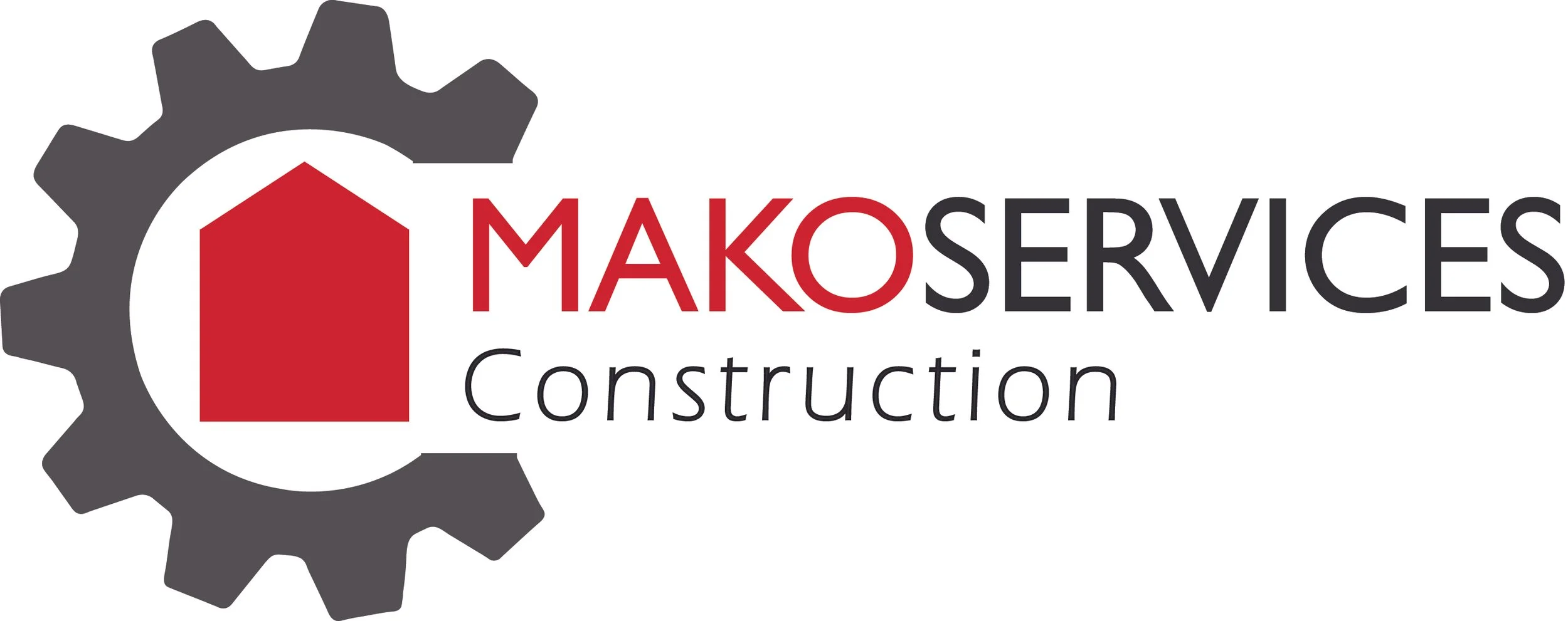 Logo for Mako Services Construction featuring a gear with a house icon in the center and the company name alongside the word 'Construction'.