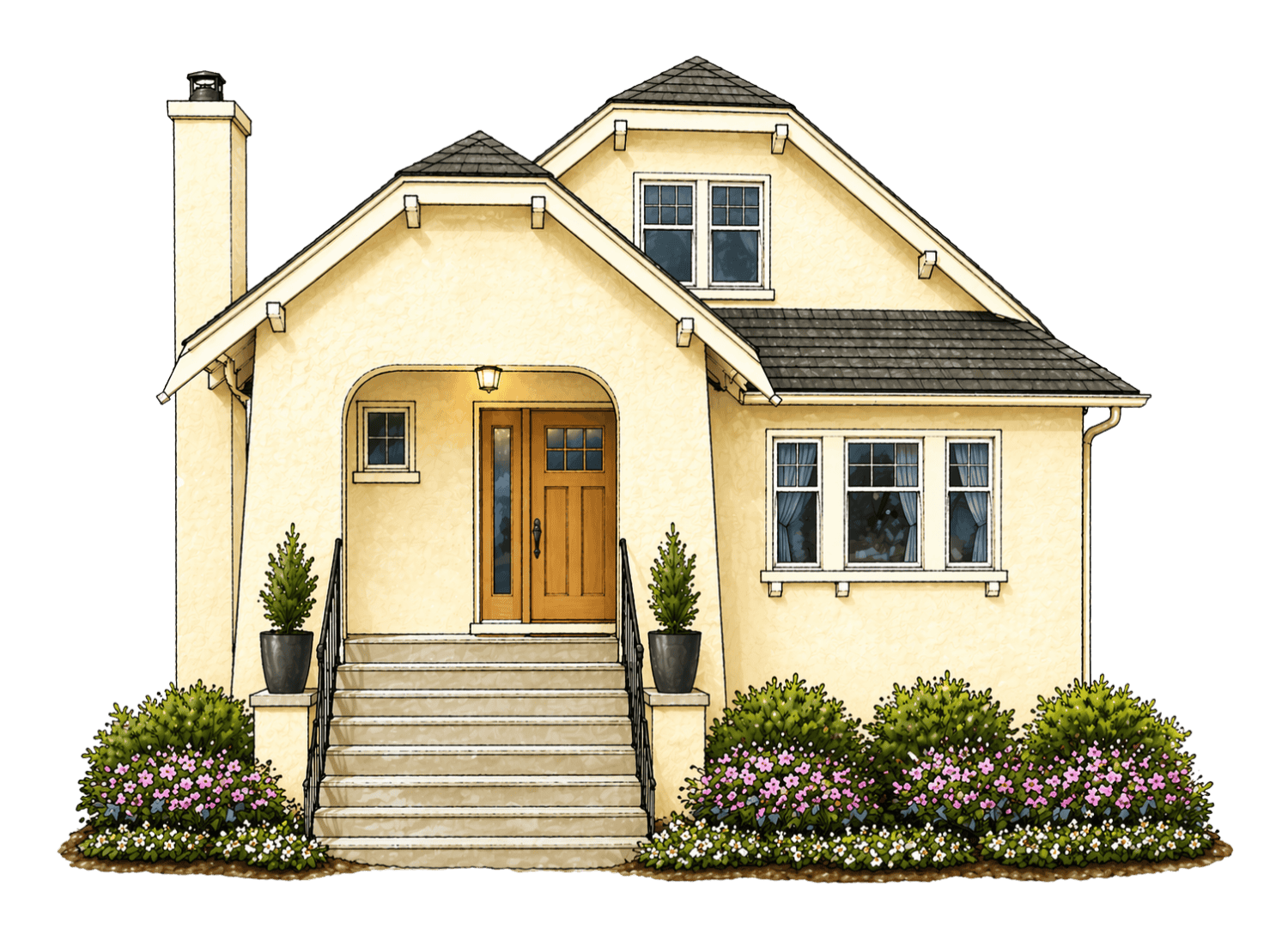 Illustration of a yellow two-story house with a wooden front door, steps, potted plants, and flower bushes in the front yard.