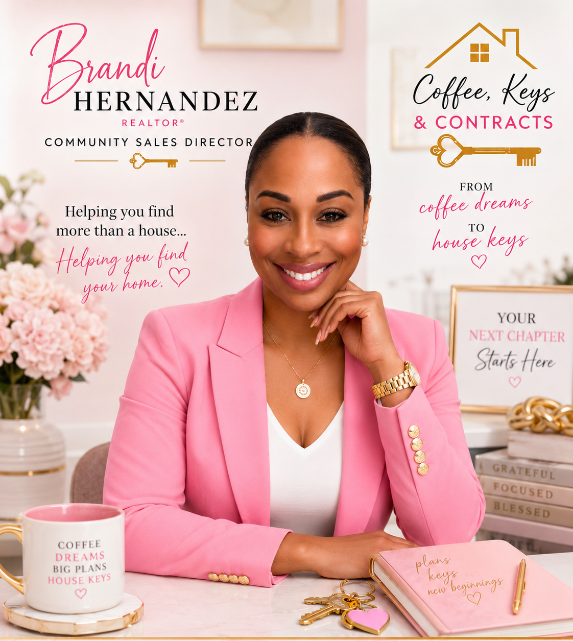 "Hi, I'm Brandi Hernandez, a Huntsville Realtor®, Relocation Specialist, and founder of Coffee, Keys & Contracts. I help buyers, sellers, and families relocating to North Alabama navigate the real estate process with confidence through local expertis