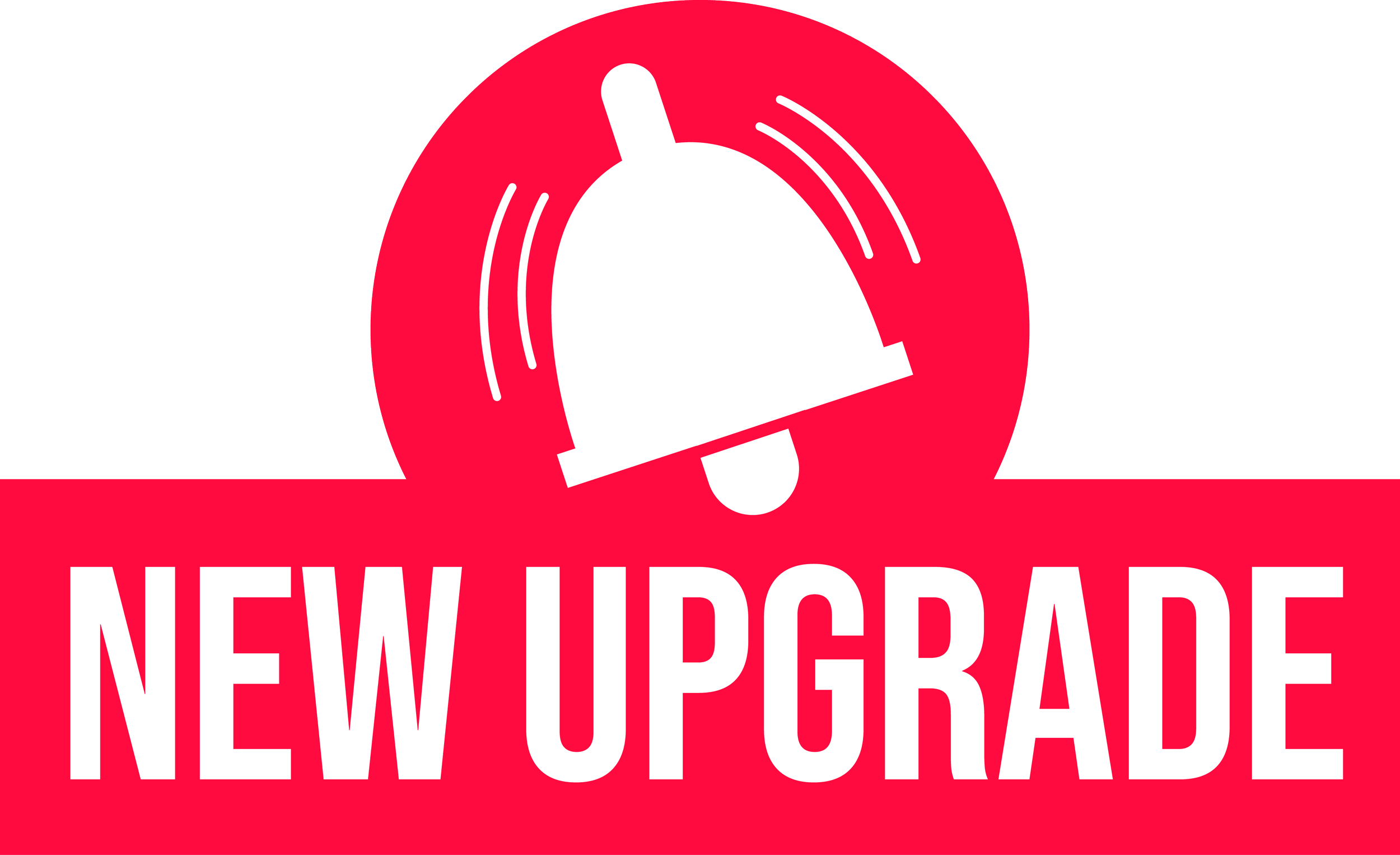 Red background with a white bell icon and the words 'NEW UPLOAD' in bold white text.