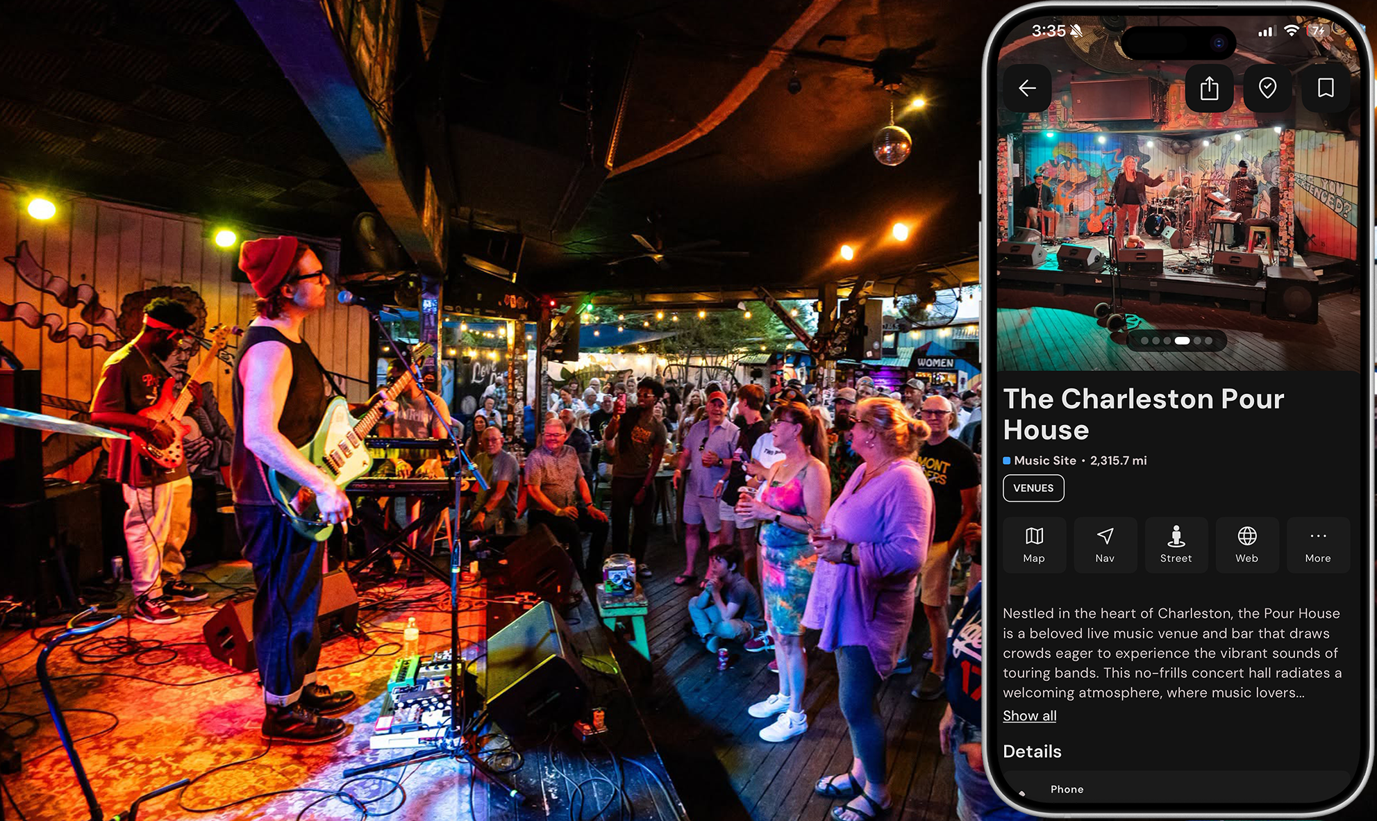 Live music performance at The Charleston Pour House with musicians playing instruments and audience enjoying the show inside a decorated venue with colorful artwork and string lights.