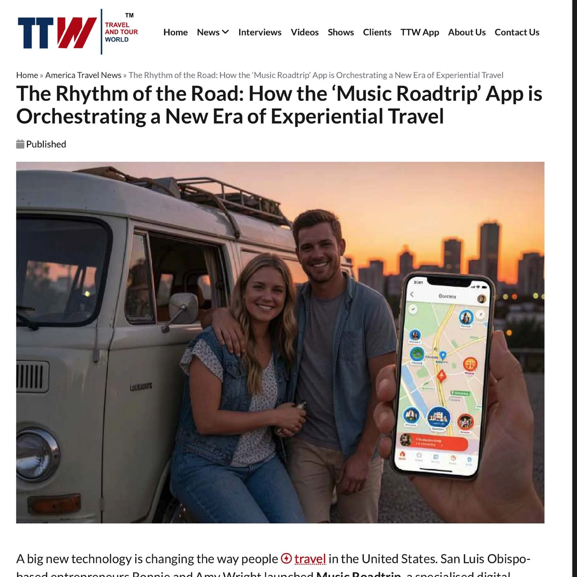 Two people, a woman and a man, smiling and standing next to a vintage van during sunset, with an urban skyline in the background. A smartphone displaying a map app is held in the foreground.