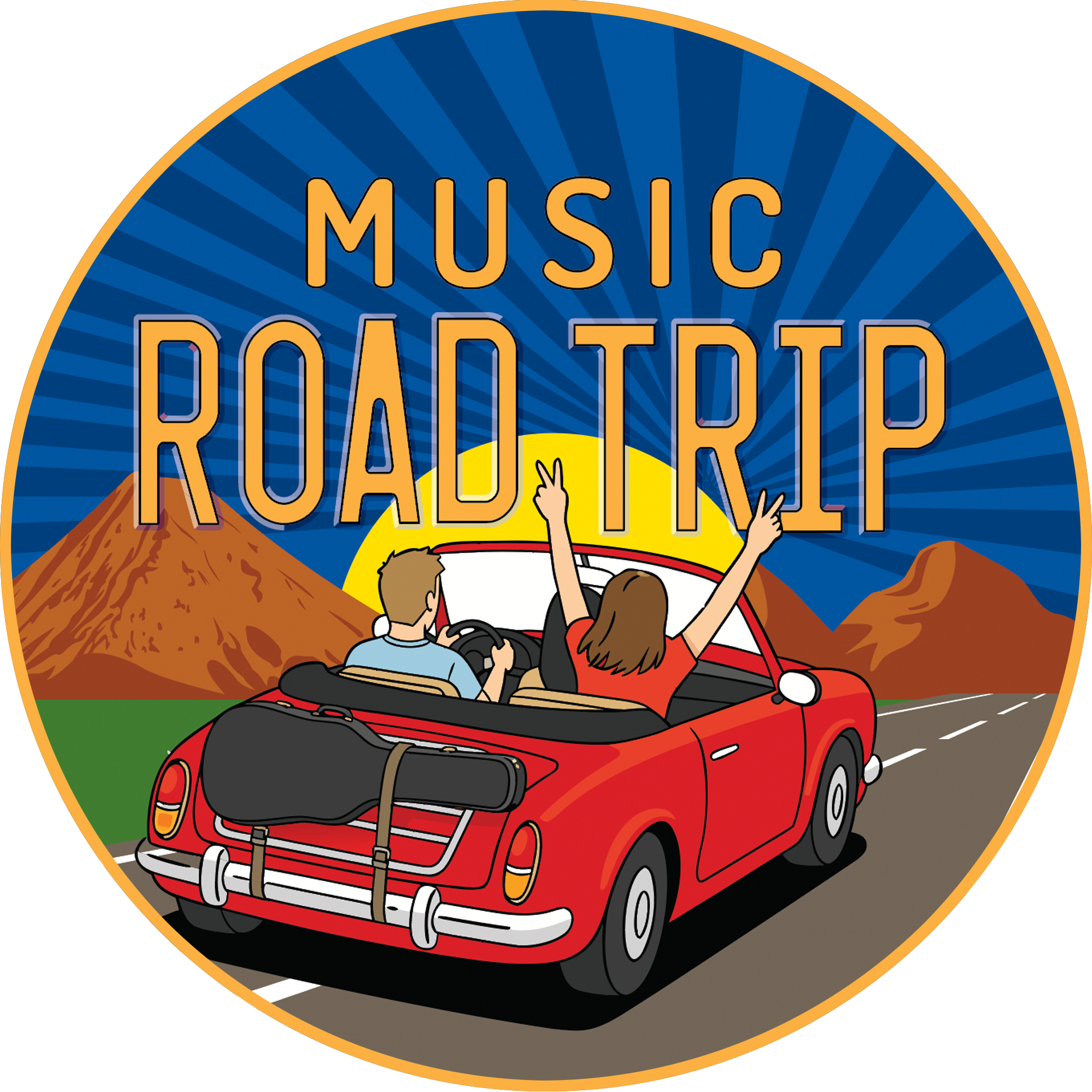 A couple driving in a red convertible with a black guitar case on the back along a road with mountains in the background. The woman has her arms raised in excitement. The image has a sun and the text 'Music Road Trip' at the top.