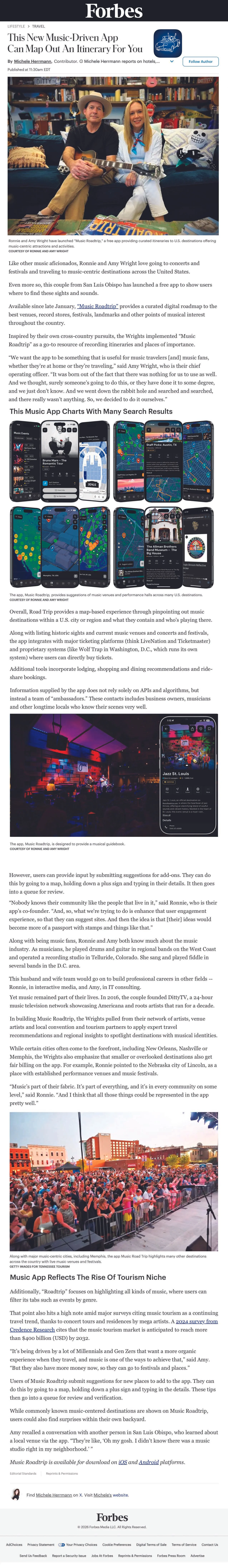 A magazine article with a headline about a new music app showing a photo of two young people sitting on a couch in a colorful room, holding a guitar. Below are images of various smartphones displaying music app interfaces. The article discusses the rise of music apps, their features, and their impact on tourism and music industries.