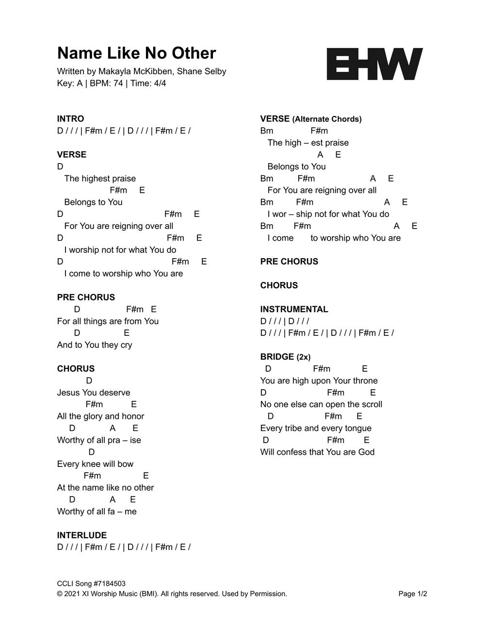 Name Like No Other chord chart