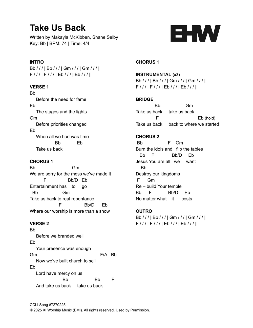 Take Us Back chord chart