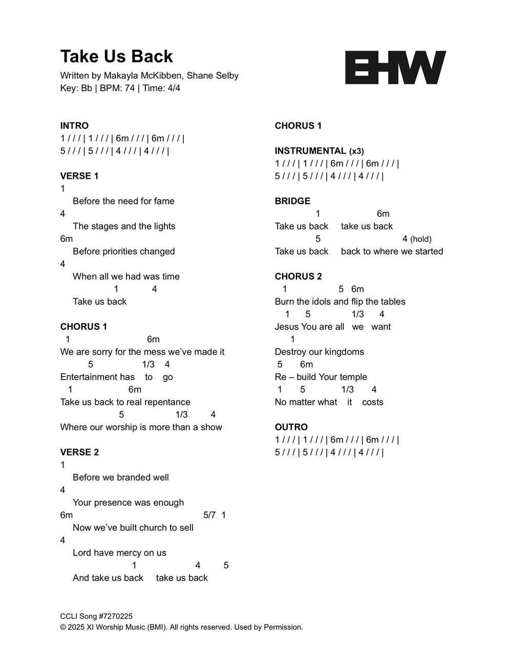 Take Us Back number chart