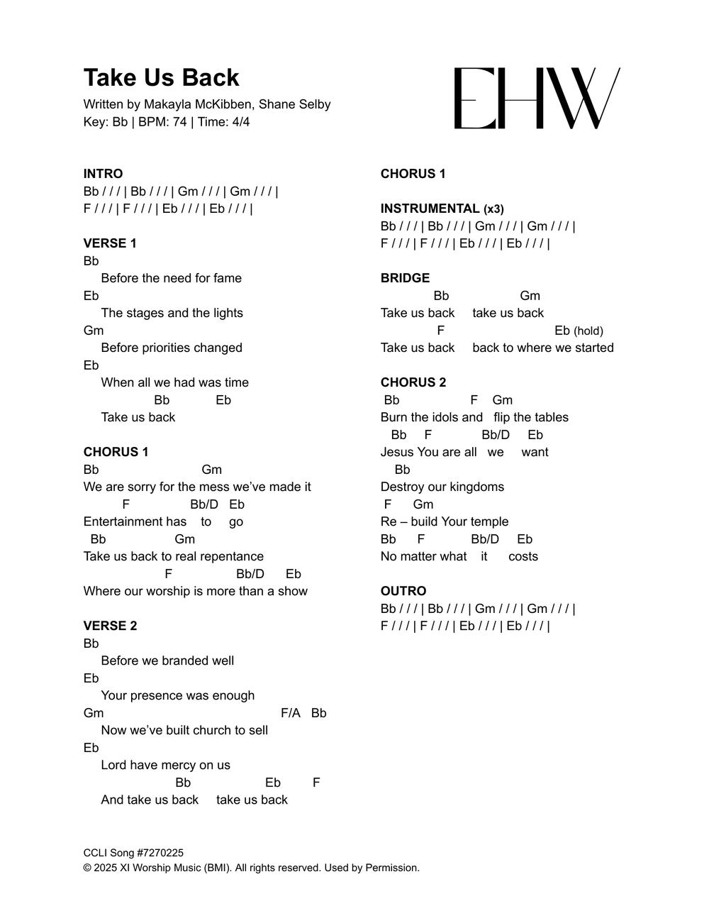 Take Us Back chord chart