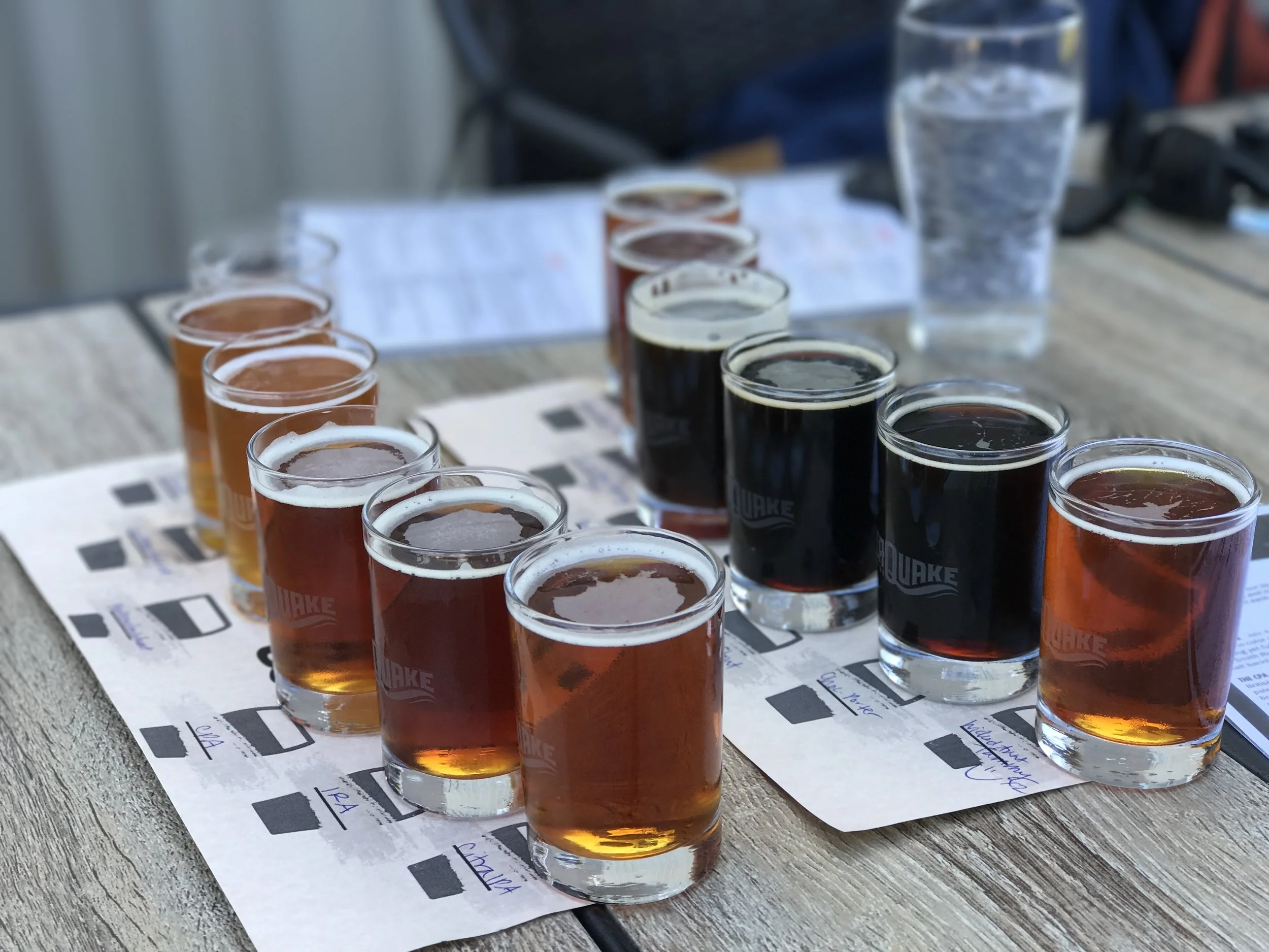 A beautifully arranged beer flight from Seaquake Brewing, CA, presented in the correct tasting order from least to most bitter.