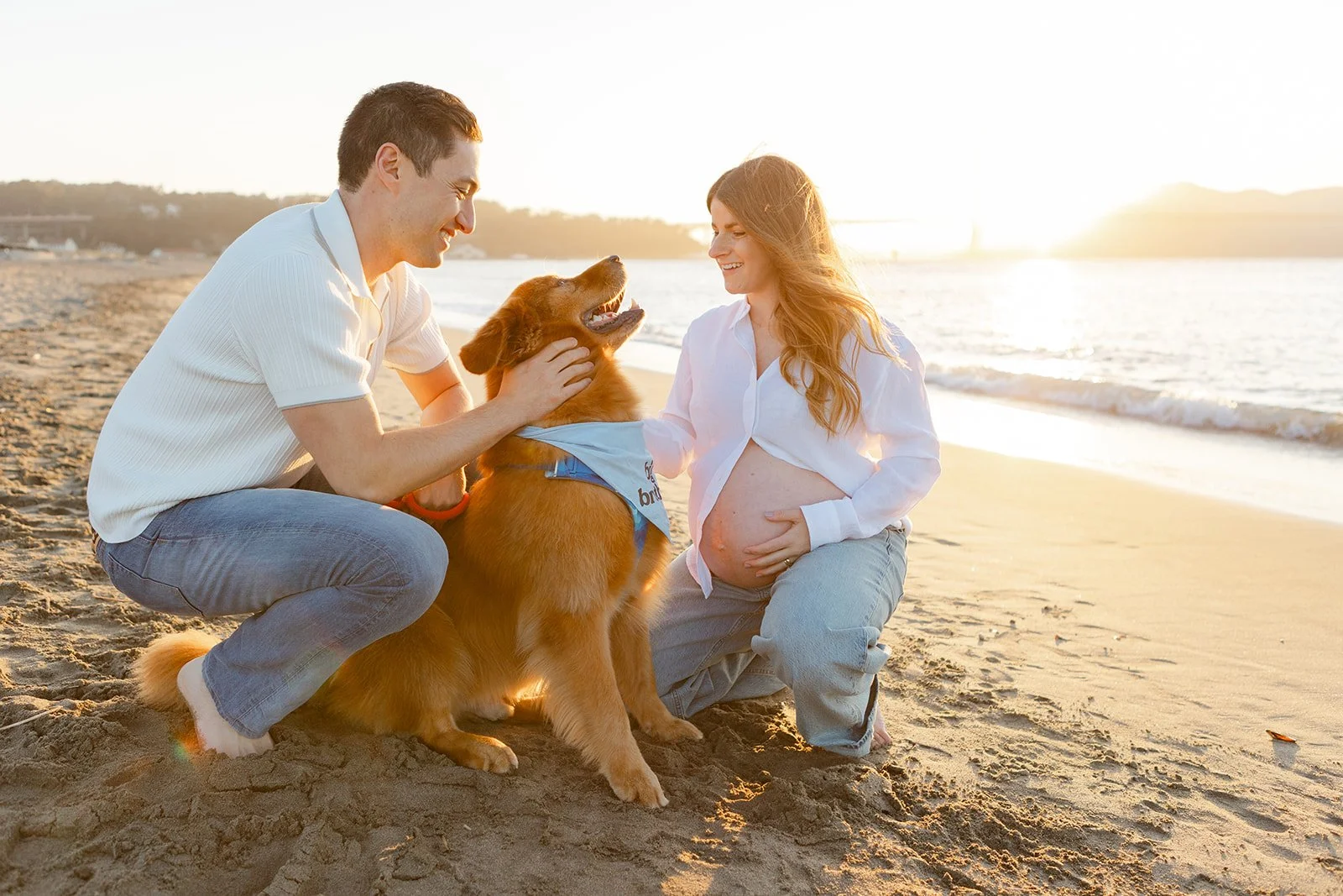 Maternity pictures with dog at the beach in San Francisco