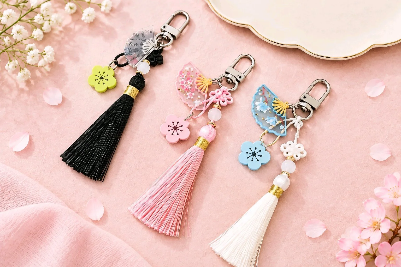 Traditional Fan & Plum Blossom Tassel Keychain