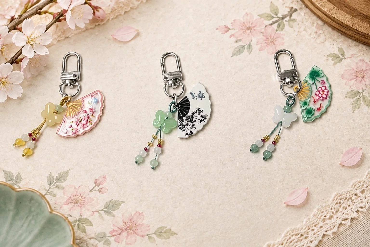 Fan Keychain with Jade Clover & Bead Tassel