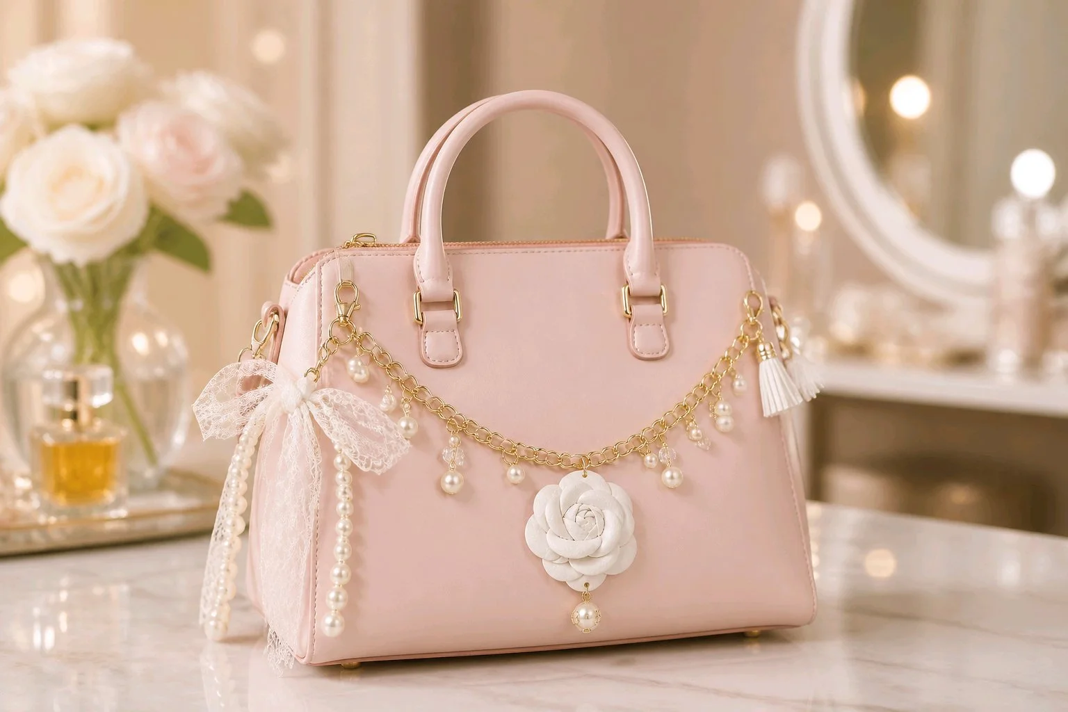 White Camellia Rose & Pearl Bag Chain