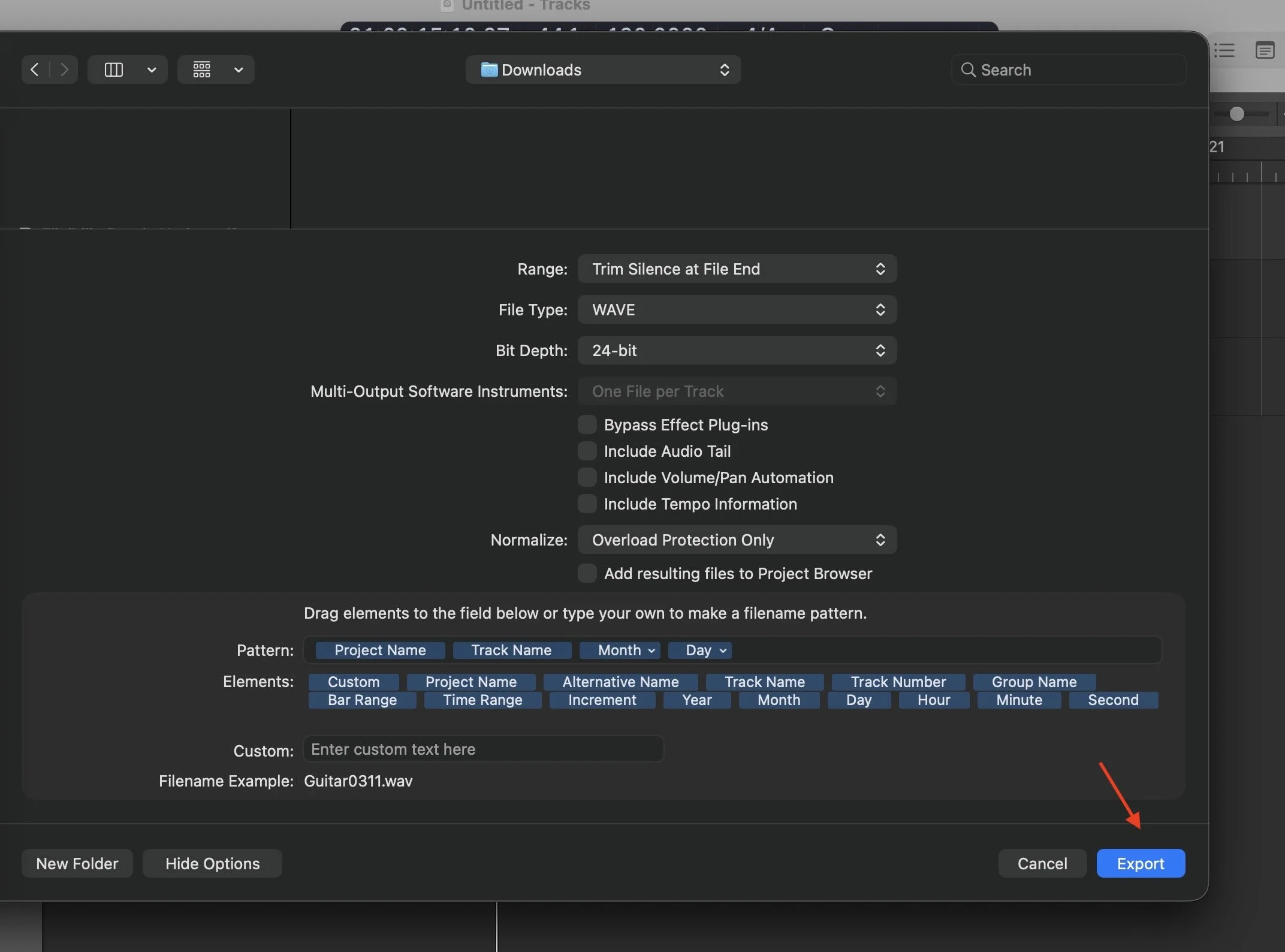 Exporting your audio stems in Logic Pro.