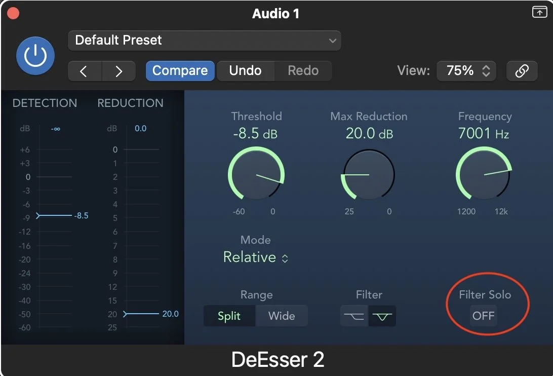 The filter solo button highlighted in Logic Pro's DeEsser plugin.
