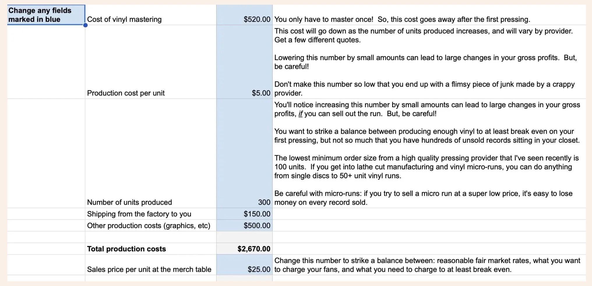 A sample page from the Can You Afford Vinyl Calculator.