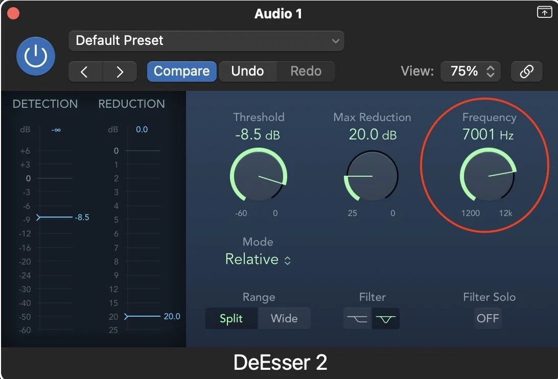 The frequency controls highlighted in Logic Pro's DeEsser plugin.