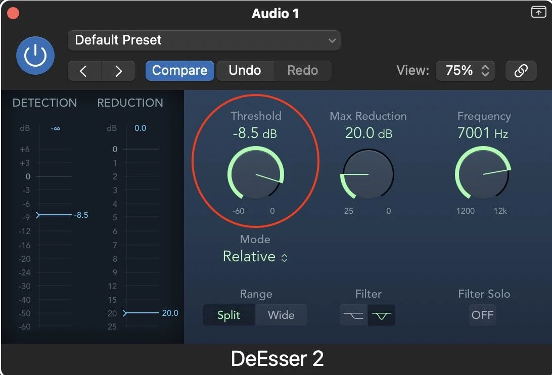 The threshold controls highlighted in Logic Pro's DeEsser plugin.