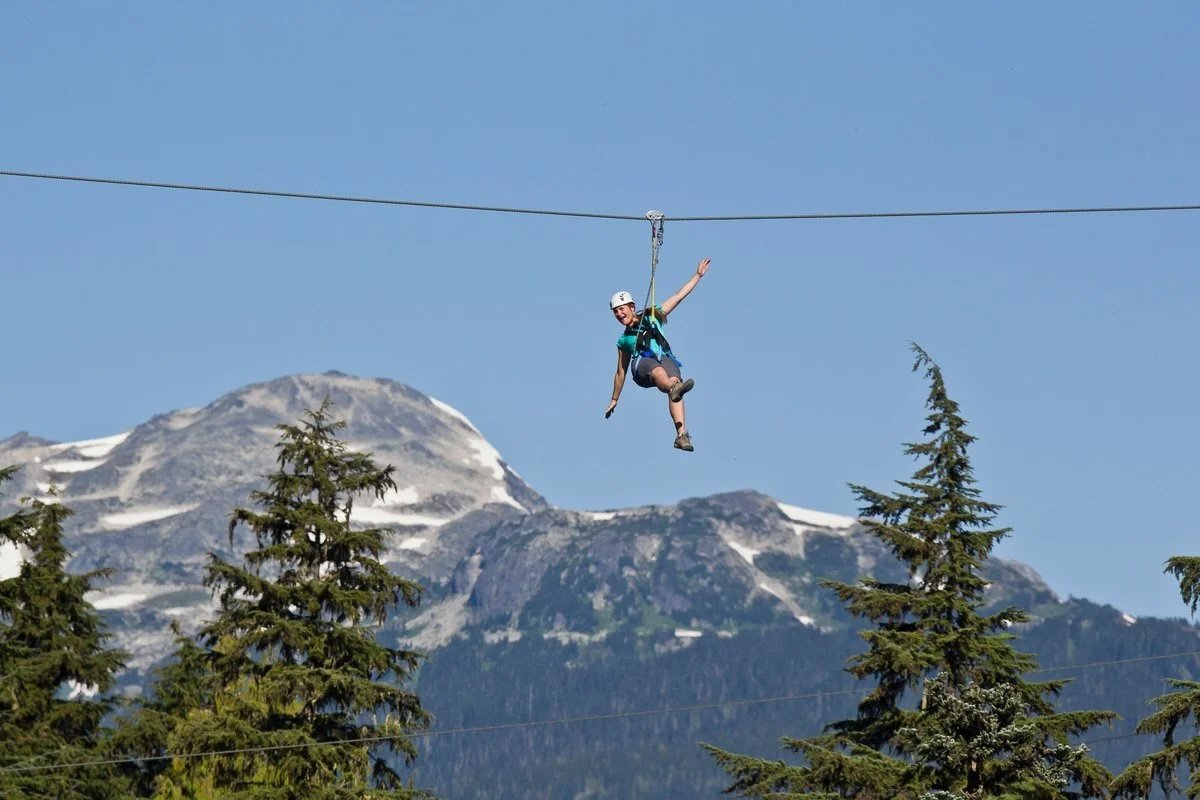 A group of people zip lining