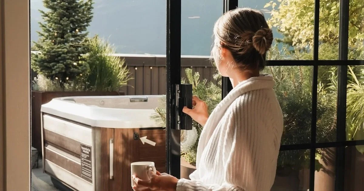 Image of women inside hot tub in snowy weather.