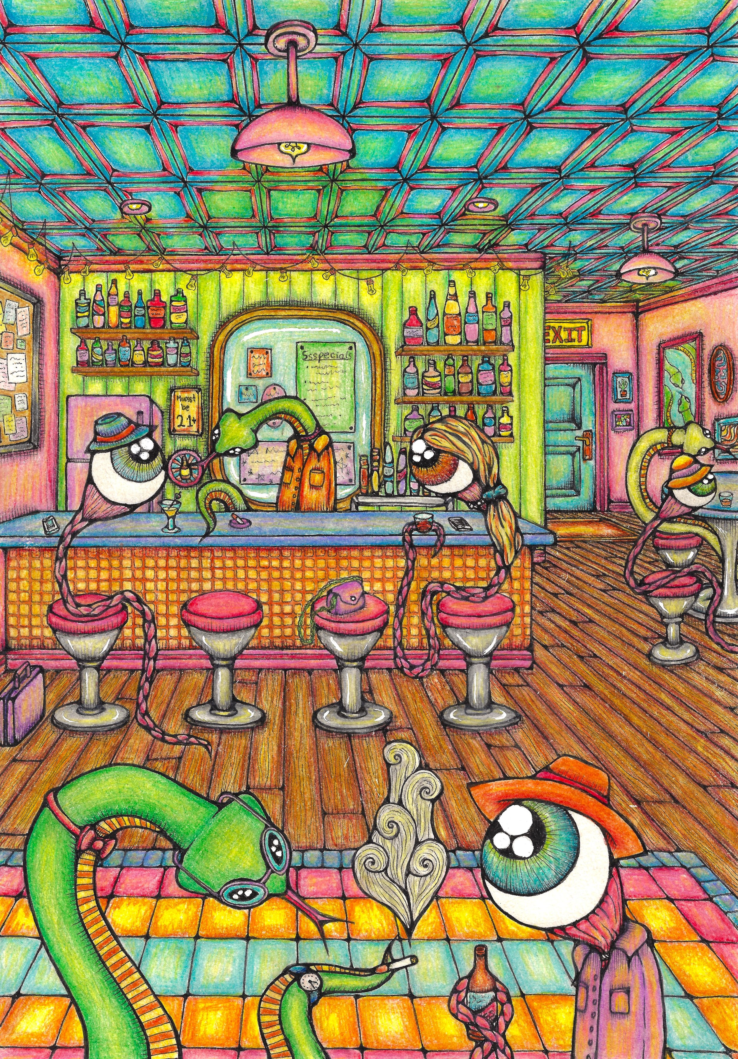 Bar neyeght with friendsss. 9x12', ink & colored pencil. '24.