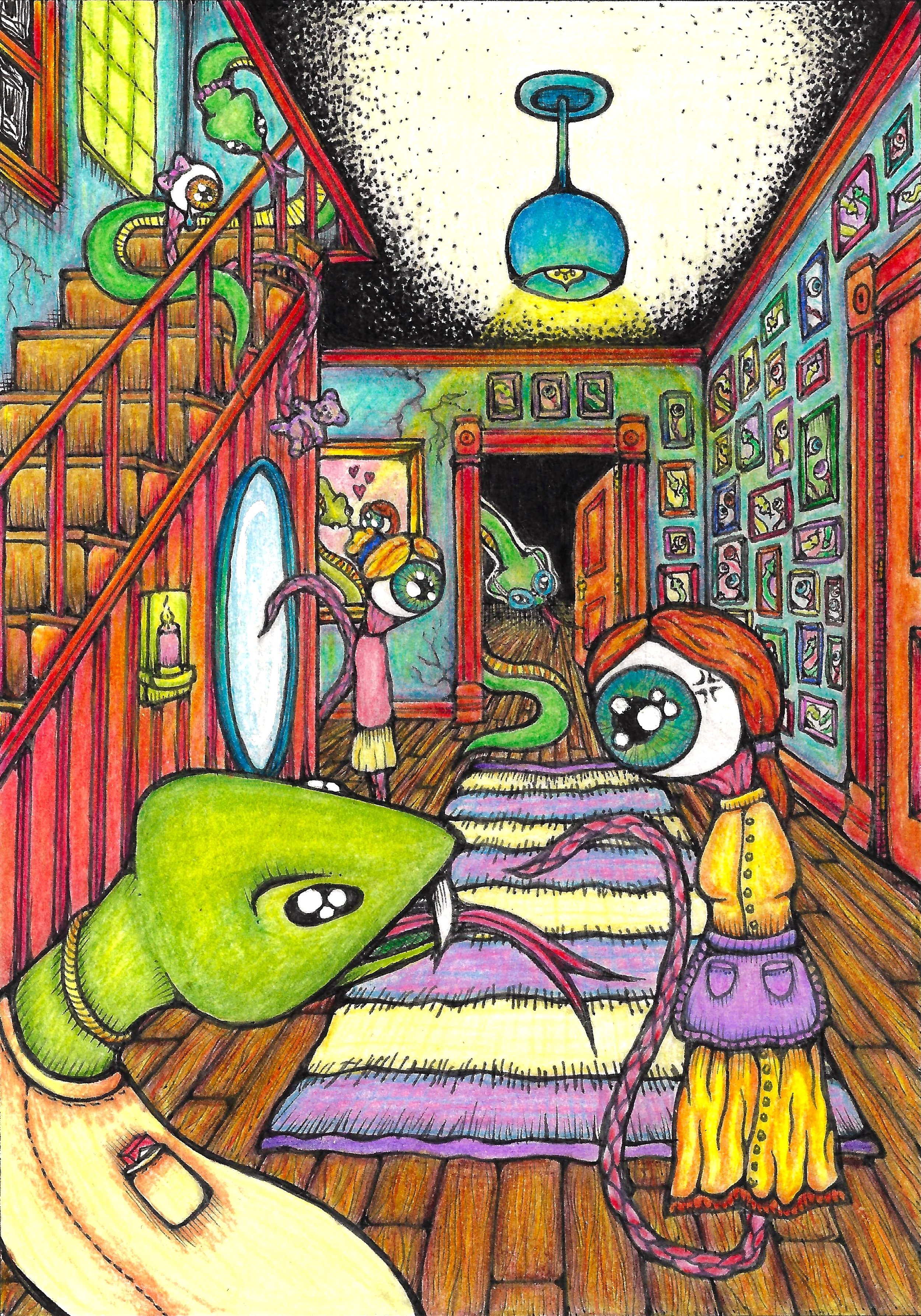There'sss no pleyece like home. 5x7in, ink & colored pencil. '24.