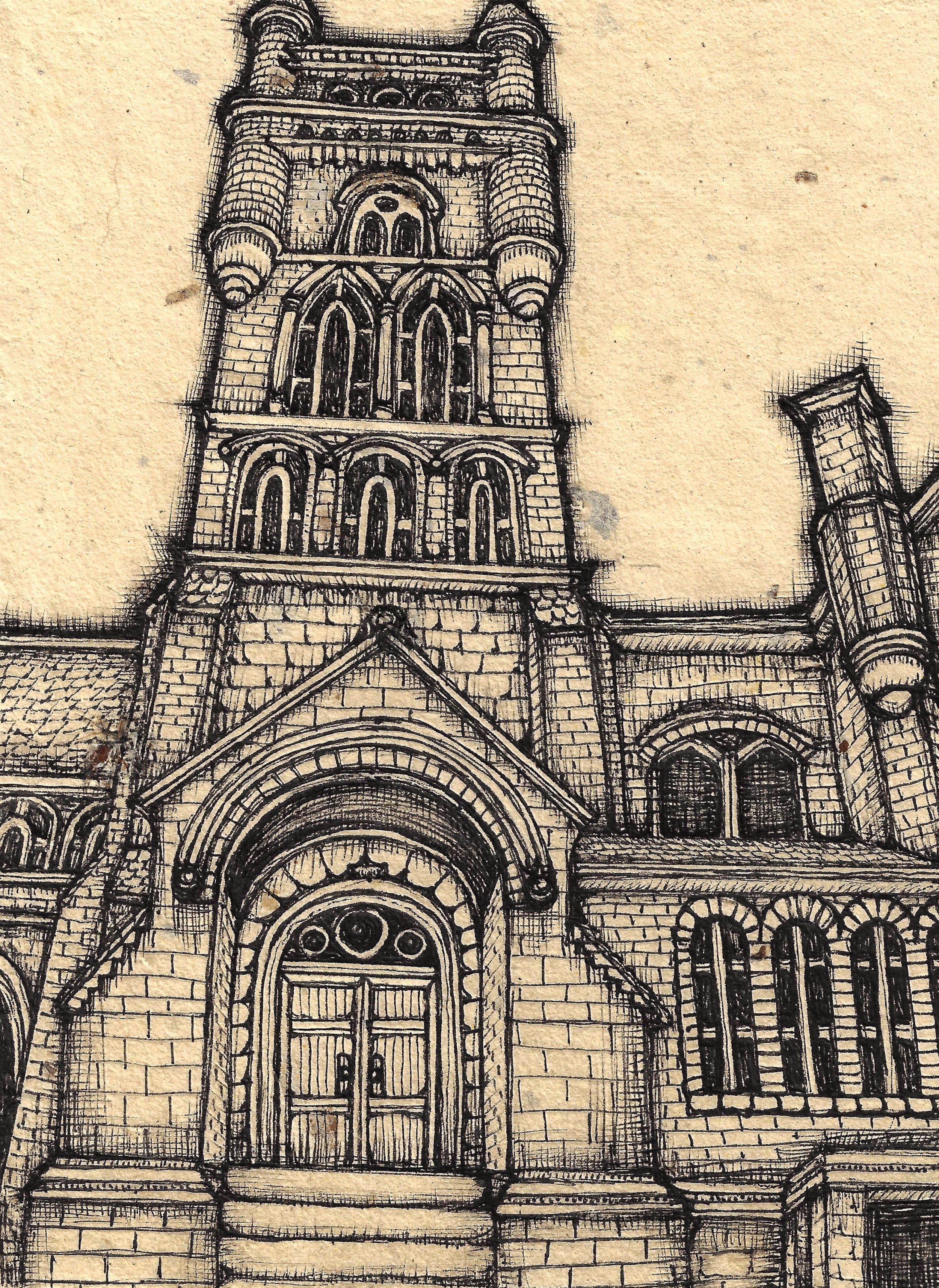 Sunday Mass. 5x7", ink on handmade paper. '23.
