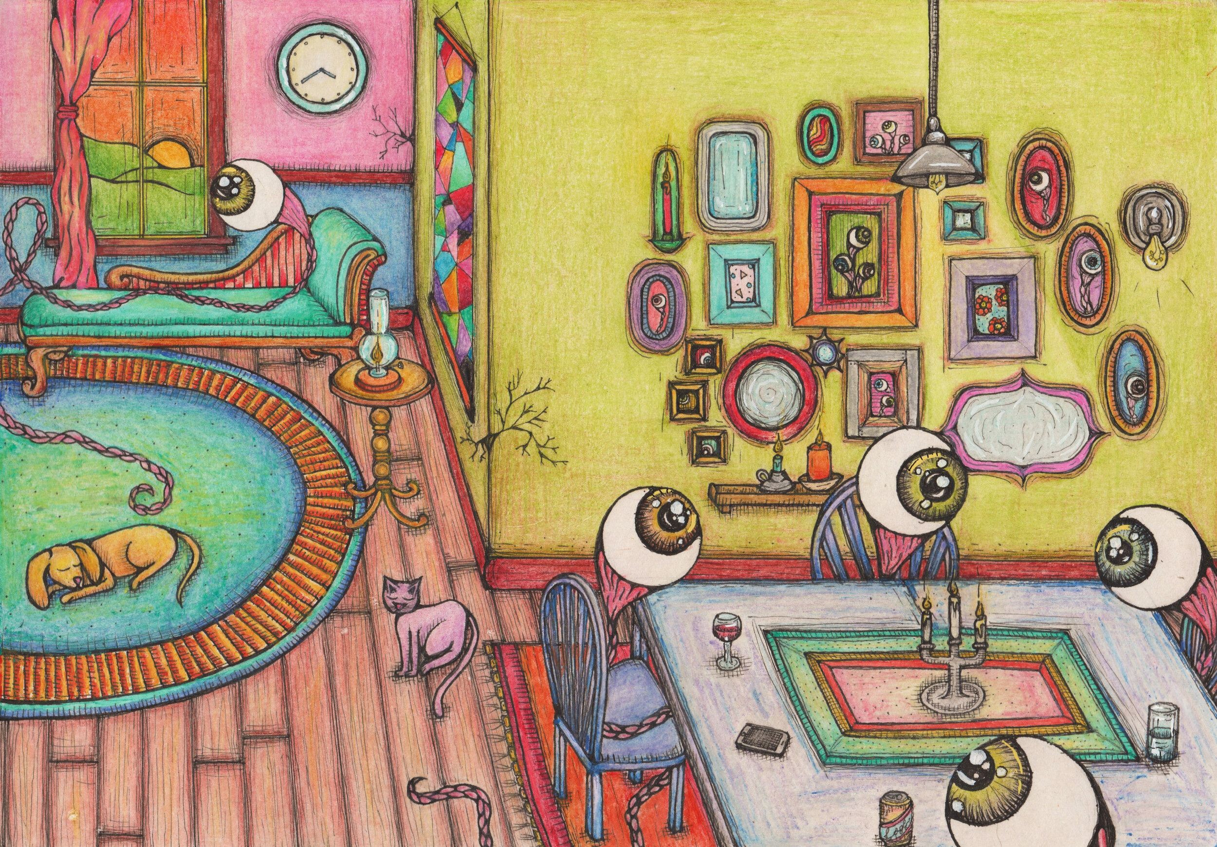 Eye'd feel safer at home. 8x10in. Ink & colored pencil on paper, '21.