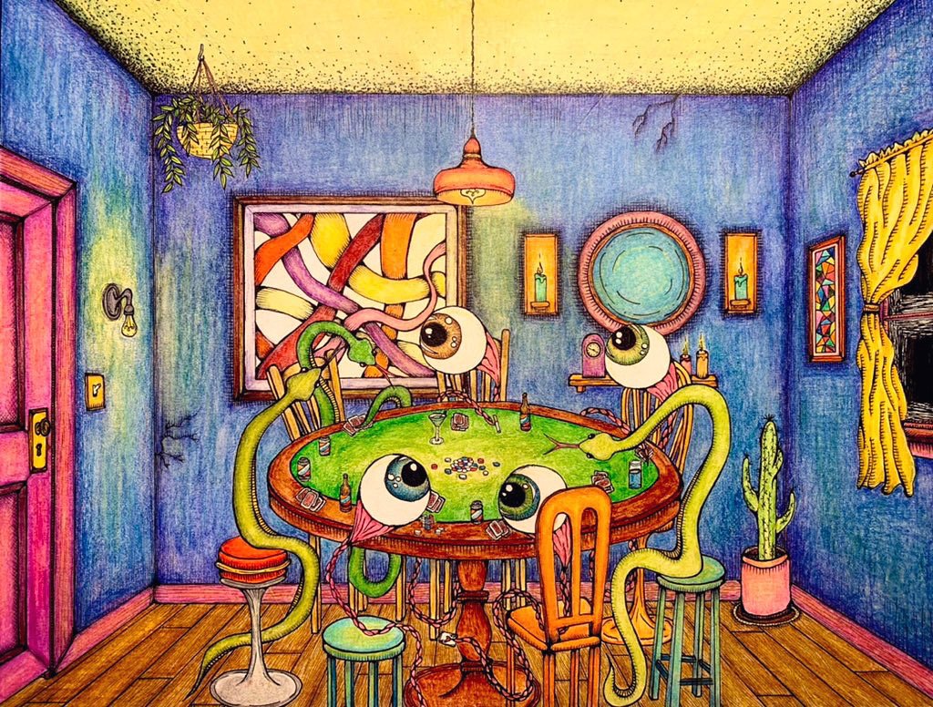 Poker Neyeght With The Boysss. 11x14in, colored pencil & ink on paper. '21.