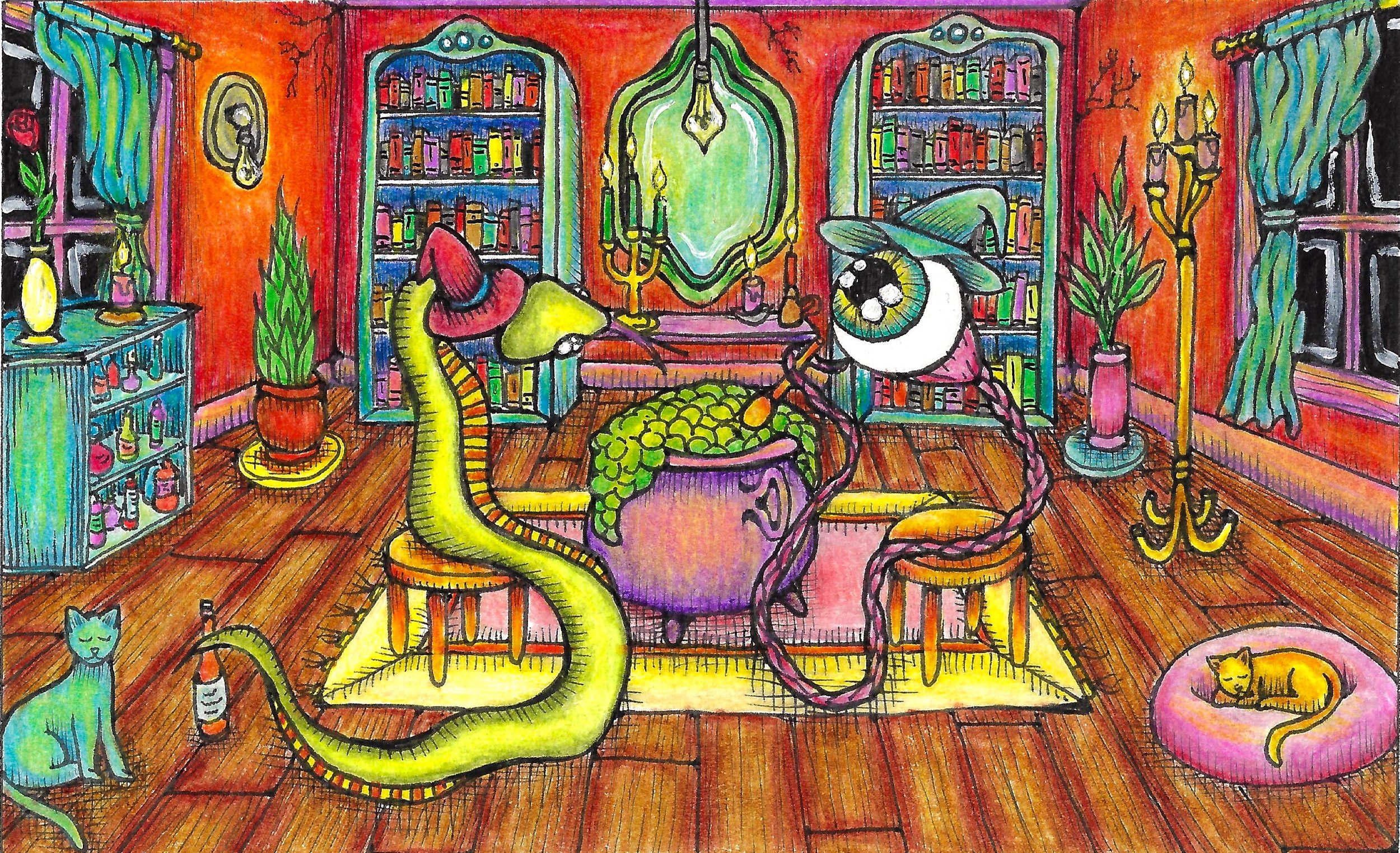 Double double, toil & trouble. 4x6in, ink & colored pencil on paper. '22.