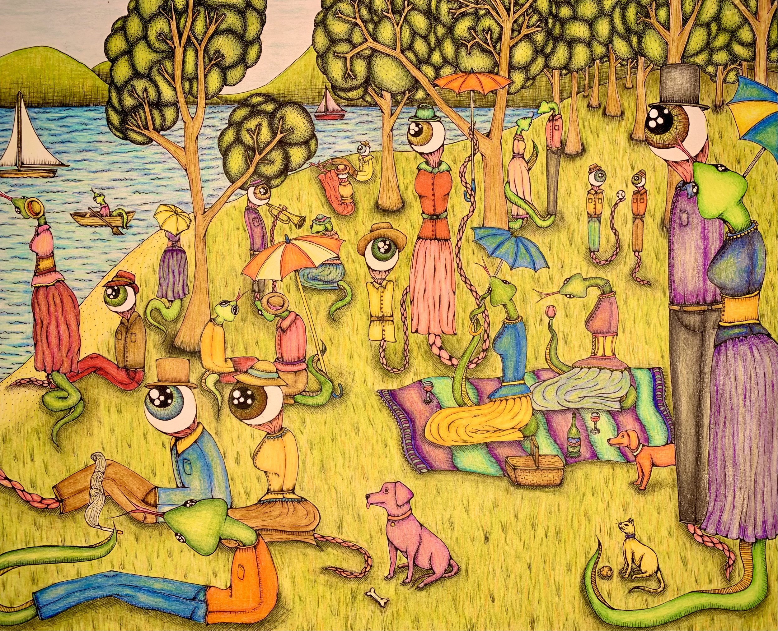 A Sssunday Afternoon. 14x17in, ink & colored pencil on paper. '22.