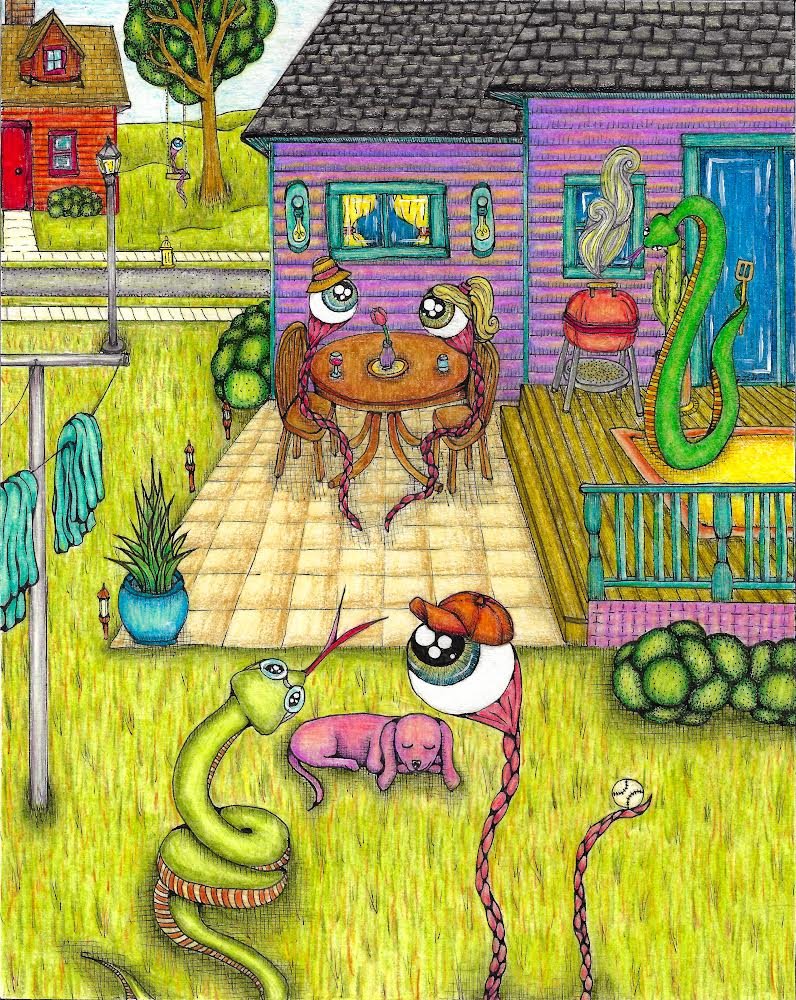 Come on over, eye'm making burgersss. 8x10in, ink & colored pencil on paper. '22.